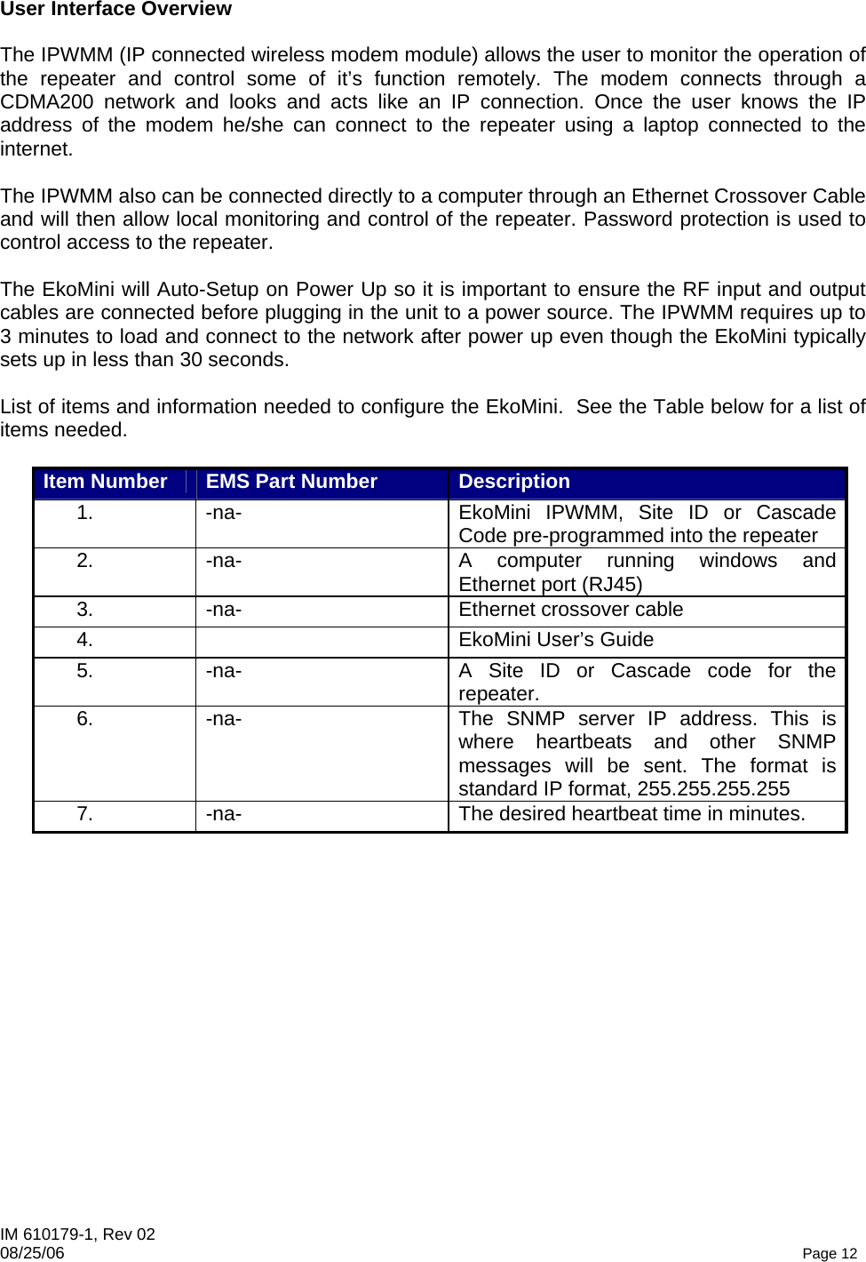 IM 610179-1, Rev 02 08/25/06   Page 12 User Interface Overview  The IPWMM (IP connected wireless modem module) allows the user to monitor the operation of the repeater and control some of it’s function remotely. The modem connects through a CDMA200 network and looks and acts like an IP connection. Once the user knows the IP address of the modem he/she can connect to the repeater using a laptop connected to the internet.  The IPWMM also can be connected directly to a computer through an Ethernet Crossover Cable and will then allow local monitoring and control of the repeater. Password protection is used to control access to the repeater.  The EkoMini will Auto-Setup on Power Up so it is important to ensure the RF input and output cables are connected before plugging in the unit to a power source. The IPWMM requires up to 3 minutes to load and connect to the network after power up even though the EkoMini typically sets up in less than 30 seconds.   List of items and information needed to configure the EkoMini.  See the Table below for a list of items needed.  Item Number  EMS Part Number  Description 1.   -na-  EkoMini IPWMM, Site ID or Cascade Code pre-programmed into the repeater 2.   -na-  A computer running windows and Ethernet port (RJ45) 3.    -na-  Ethernet crossover cable 4.      EkoMini User’s Guide 5.   -na-  A Site ID or Cascade code for the repeater. 6.    -na-  The SNMP server IP address. This is where heartbeats and other SNMP messages will be sent. The format is standard IP format, 255.255.255.255 7.    -na-  The desired heartbeat time in minutes.  