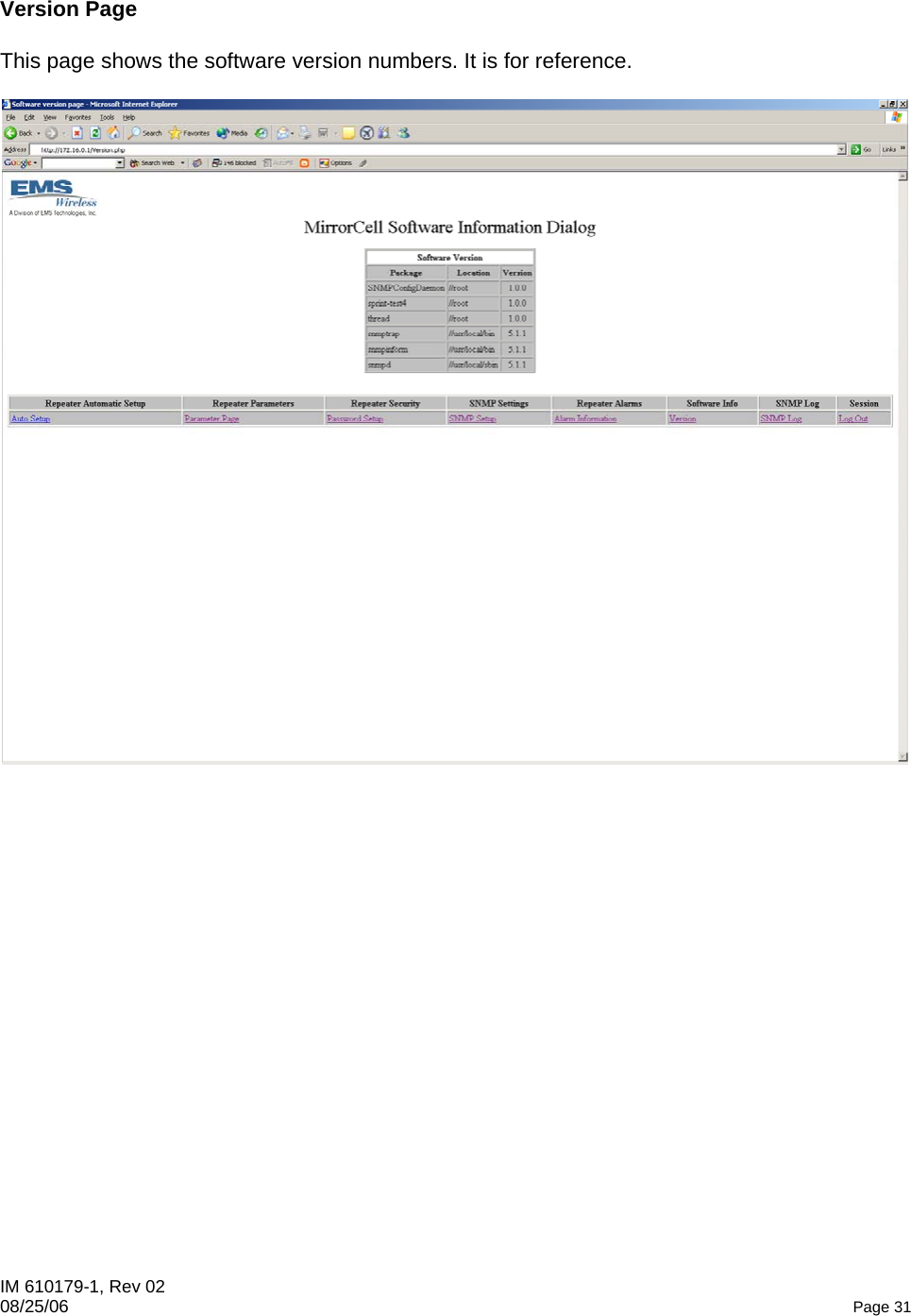 IM 610179-1, Rev 02 08/25/06   Page 31  Version Page  This page shows the software version numbers. It is for reference.   