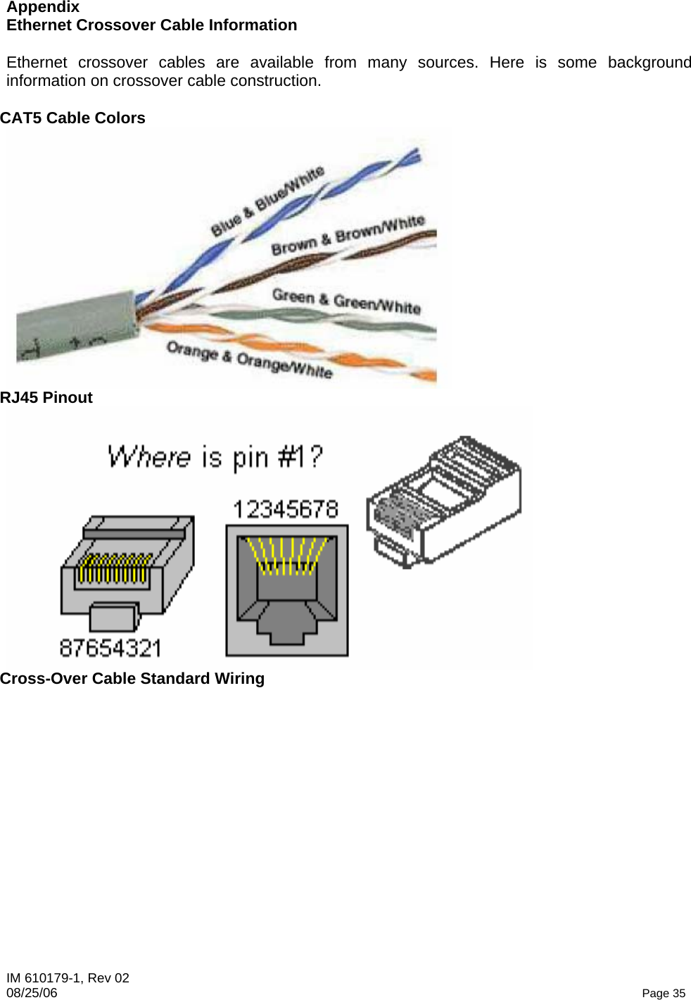 IM 610179-1, Rev 02 08/25/06   Page 35 Appendix Ethernet Crossover Cable Information  Ethernet crossover cables are available from many sources. Here is some background information on crossover cable construction.  CAT5 Cable Colors  RJ45 Pinout  Cross-Over Cable Standard Wiring  