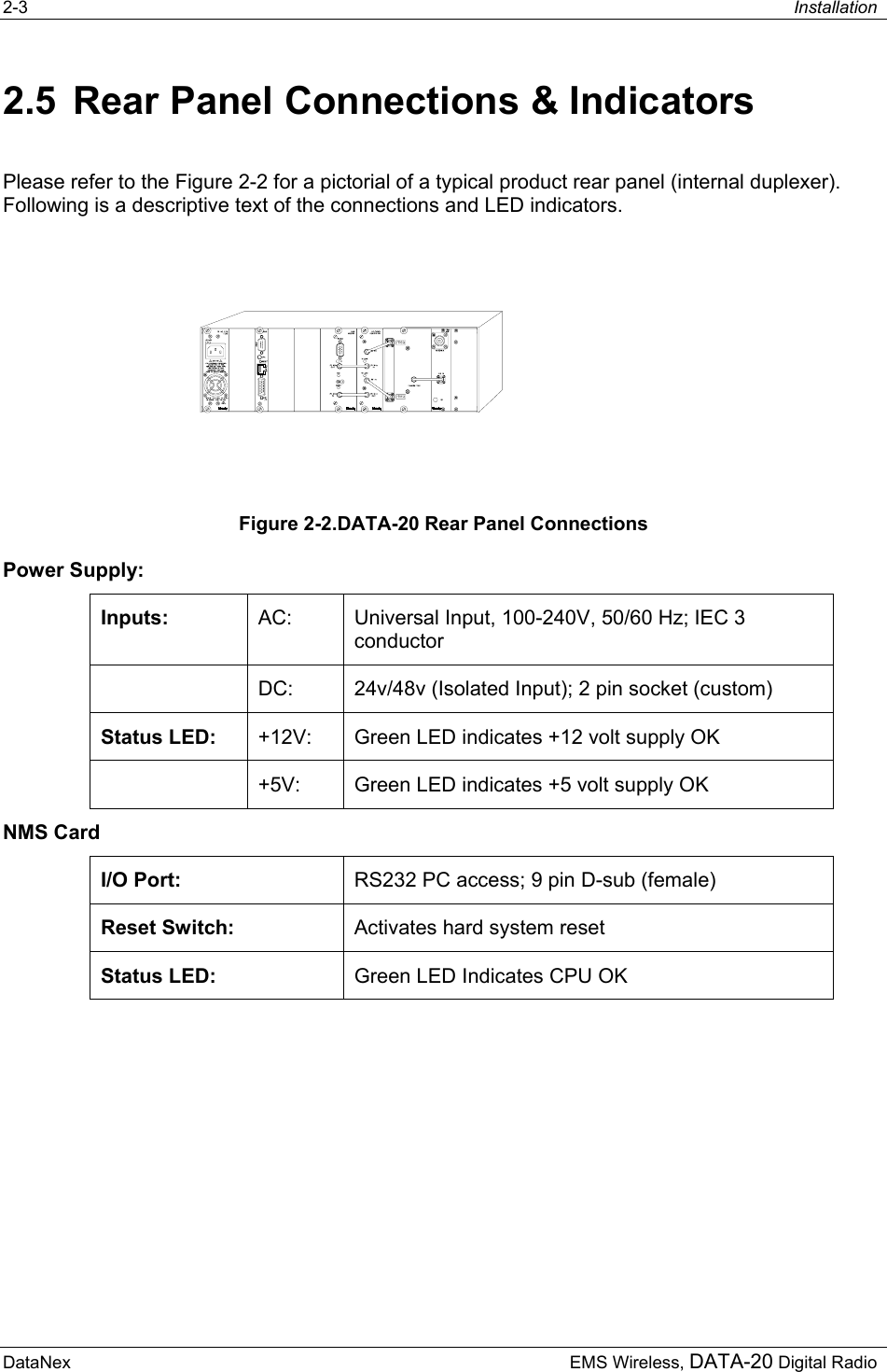 2-3  Installation  DataNex     EMS Wireless, DATA-20 Digital Radio2.5  Rear Panel Connections &amp; Indicators Please refer to the Figure 2-2 for a pictorial of a typical product rear panel (internal duplexer).  Following is a descriptive text of the connections and LED indicators.  Figure 2-2.DATA-20 Rear Panel Connections Power Supply: Inputs:  AC:  Universal Input, 100-240V, 50/60 Hz; IEC 3 conductor   DC:  24v/48v (Isolated Input); 2 pin socket (custom) Status LED:  +12V:  Green LED indicates +12 volt supply OK   +5V:     Green LED indicates +5 volt supply OK NMS Card I/O Port:  RS232 PC access; 9 pin D-sub (female) Reset Switch:  Activates hard system reset Status LED:  Green LED Indicates CPU OK 