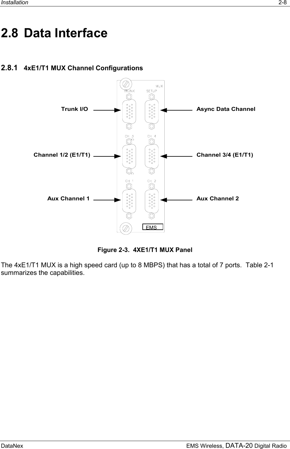 Installation   2-8  DataNex     EMS Wireless, DATA-20 Digital Radio 2.8 Data Interface 2.8.1  4xE1/T1 MUX Channel Configurations Trunk I/O Async Data ChannelChannel 3/4 (E1/T1)Channel 1/2 (E1/T1)Aux Channel 1 Aux Channel 2 Figure 2-3.  4XE1/T1 MUX Panel The 4xE1/T1 MUX is a high speed card (up to 8 MBPS) that has a total of 7 ports.  Table 2-1 summarizes the capabilities. EMS 