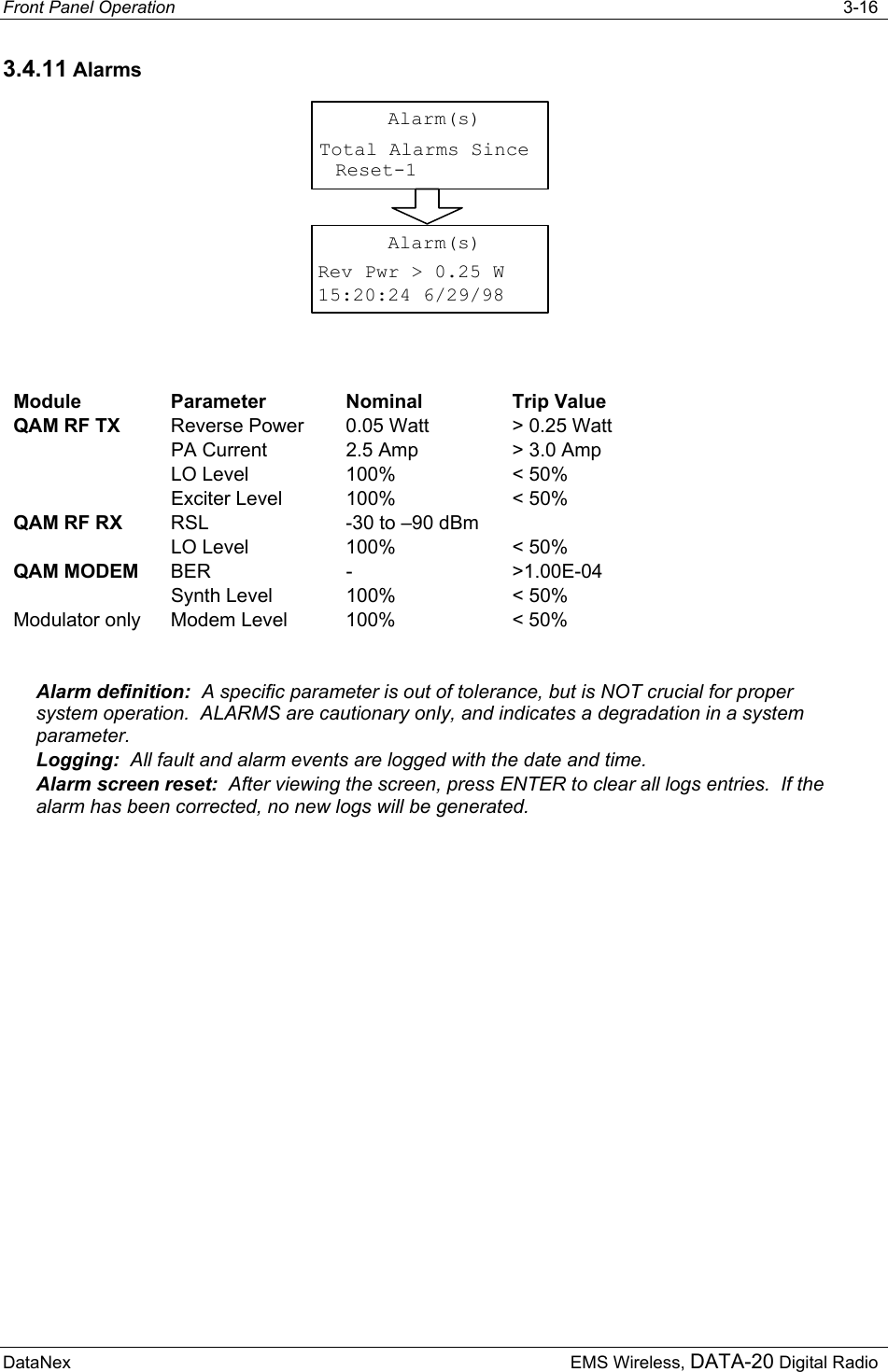 Front Panel Operation   3-16 DataNex  EMS Wireless, DATA-20 Digital Radio 3.4.11 Alarms Alarm(s)Total Alarms Since Reset-1Alarm(s)Rev Pwr &gt; 0.25 W15:20:24 6/29/98  Module  Parameter  Nominal   Trip Value QAM RF TX  Reverse Power  0.05 Watt  &gt; 0.25 Watt   PA Current  2.5 Amp  &gt; 3.0 Amp   LO Level  100%  &lt; 50%   Exciter Level  100%  &lt; 50% QAM RF RX  RSL  -30 to –90 dBm     LO Level  100%  &lt; 50% QAM MODEM BER -  &gt;1.00E-04   Synth Level  100%  &lt; 50% Modulator only  Modem Level  100%  &lt; 50%  Alarm definition:  A specific parameter is out of tolerance, but is NOT crucial for proper system operation.  ALARMS are cautionary only, and indicates a degradation in a system parameter. Logging:  All fault and alarm events are logged with the date and time.  Alarm screen reset:  After viewing the screen, press ENTER to clear all logs entries.  If the alarm has been corrected, no new logs will be generated. 