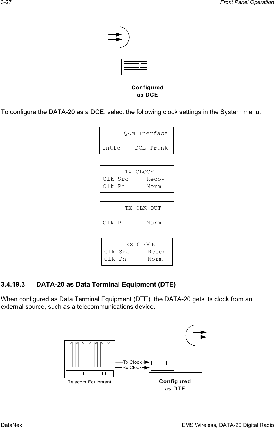 3-27  Front Panel Operation  DataNex    EMS Wireless, DATA-20 Digital Radio Configuredas DCE  To configure the DATA-20 as a DCE, select the following clock settings in the System menu: TX CLOCKClk Src RecovClk Ph NormTX CLK OUTClk Ph NormRX CLOCKClk Src RecovClk Ph NormQAM InerfaceIntfc    DCE Trunk 3.4.19.3  DATA-20 as Data Terminal Equipment (DTE) When configured as Data Terminal Equipment (DTE), the DATA-20 gets its clock from an external source, such as a telecommunications device. Telecom Equipment Configuredas DTERx ClockTx Clock 