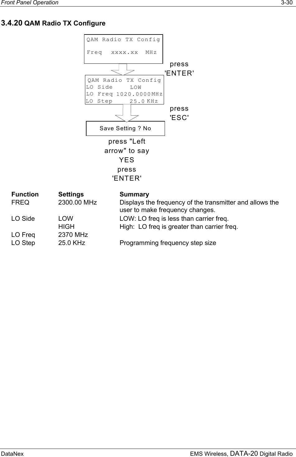 Front Panel Operation   3-30 DataNex  EMS Wireless, DATA-20 Digital Radio 3.4.20 QAM Radio TX Configure FreqQAM Radio TX ConfigMHzxxxx.xxLO SideQAM Radio TX ConfigLOWLO Freq MHz1020.0000LO Step KHz25.0press&apos;ENTER&apos;press&apos;ESC&apos;Save Setting ? Nopress &quot;Leftarrow&quot; to sayYESpress&apos;ENTER&apos;  Function Settings  Summary FREQ 2300.00 MHz  Displays the frequency of the transmitter and allows the user to make frequency changes. LO Side  LOW HIGH LOW: LO freq is less than carrier freq. High:  LO freq is greater than carrier freq. LO Freq  2370 MHz   LO Step  25.0 KHz  Programming frequency step size 