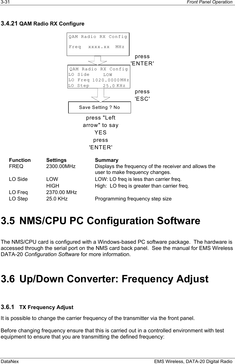 3-31  Front Panel Operation  DataNex    EMS Wireless, DATA-20 Digital Radio 3.4.21 QAM Radio RX Configure FreqQAM Radio RX ConfigMHzxxxx.xxLO SideQAM Radio RX ConfigLOWLO Freq MHz1020.0000LO Step KHz25.0press&apos;ENTER&apos;press&apos;ESC&apos;Save Setting ? Nopress &quot;Leftarrow&quot; to sayYESpress&apos;ENTER&apos;  Function Settings  Summary FREQ 2300.00MHz  Displays the frequency of the receiver and allows the user to make frequency changes. LO Side  LOW HIGH LOW: LO freq is less than carrier freq. High:  LO freq is greater than carrier freq. LO Freq  2370.00 MHz   LO Step  25.0 KHz  Programming frequency step size 3.5  NMS/CPU PC Configuration Software The NMS/CPU card is configured with a Windows-based PC software package.  The hardware is accessed through the serial port on the NMS card back panel.  See the manual for EMS Wireless DATA-20 Configuration Software for more information. 3.6  Up/Down Converter: Frequency Adjust 3.6.1  TX Frequency Adjust It is possible to change the carrier frequency of the transmitter via the front panel.   Before changing frequency ensure that this is carried out in a controlled environment with test equipment to ensure that you are transmitting the defined frequency: 