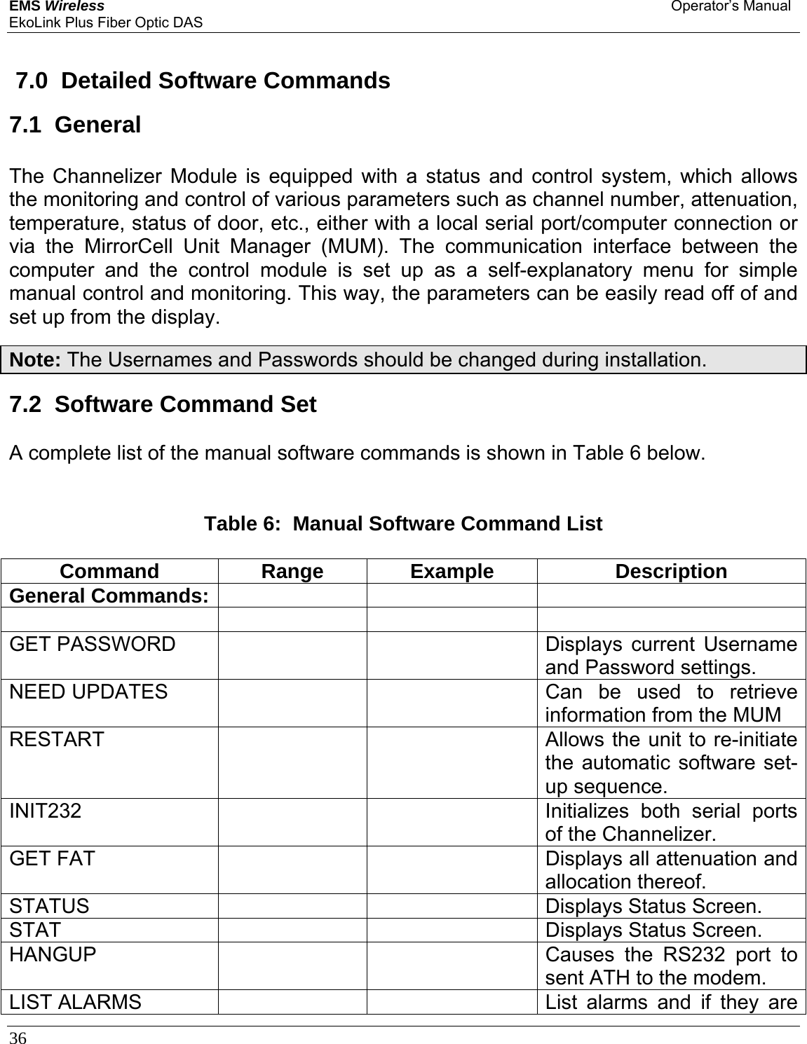 EMS Wireless Operator’s Manual EkoLink Plus Fiber Optic DAS 36         7.0  Detailed Software Commands 7.1  General The Channelizer Module is equipped with a status and control system, which allows the monitoring and control of various parameters such as channel number, attenuation, temperature, status of door, etc., either with a local serial port/computer connection or via the MirrorCell Unit Manager (MUM). The communication interface between the computer and the control module is set up as a self-explanatory menu for simple manual control and monitoring. This way, the parameters can be easily read off of and set up from the display.  Note: The Usernames and Passwords should be changed during installation.   7.2  Software Command Set  A complete list of the manual software commands is shown in Table 6 below.   Table 6:  Manual Software Command List  Command Range Example  Description General Commands:          GET PASSWORD      Displays  current  Username and Password settings. NEED UPDATES      Can  be used to retrieve information from the MUM RESTART      Allows the unit to re-initiate the automatic software set-up sequence. INIT232      Initializes both serial ports of the Channelizer. GET FAT      Displays all attenuation and allocation thereof. STATUS     Displays Status Screen. STAT    Displays Status Screen. HANGUP      Causes the RS232 port to sent ATH to the modem. LIST ALARMS      List alarms and if they are 