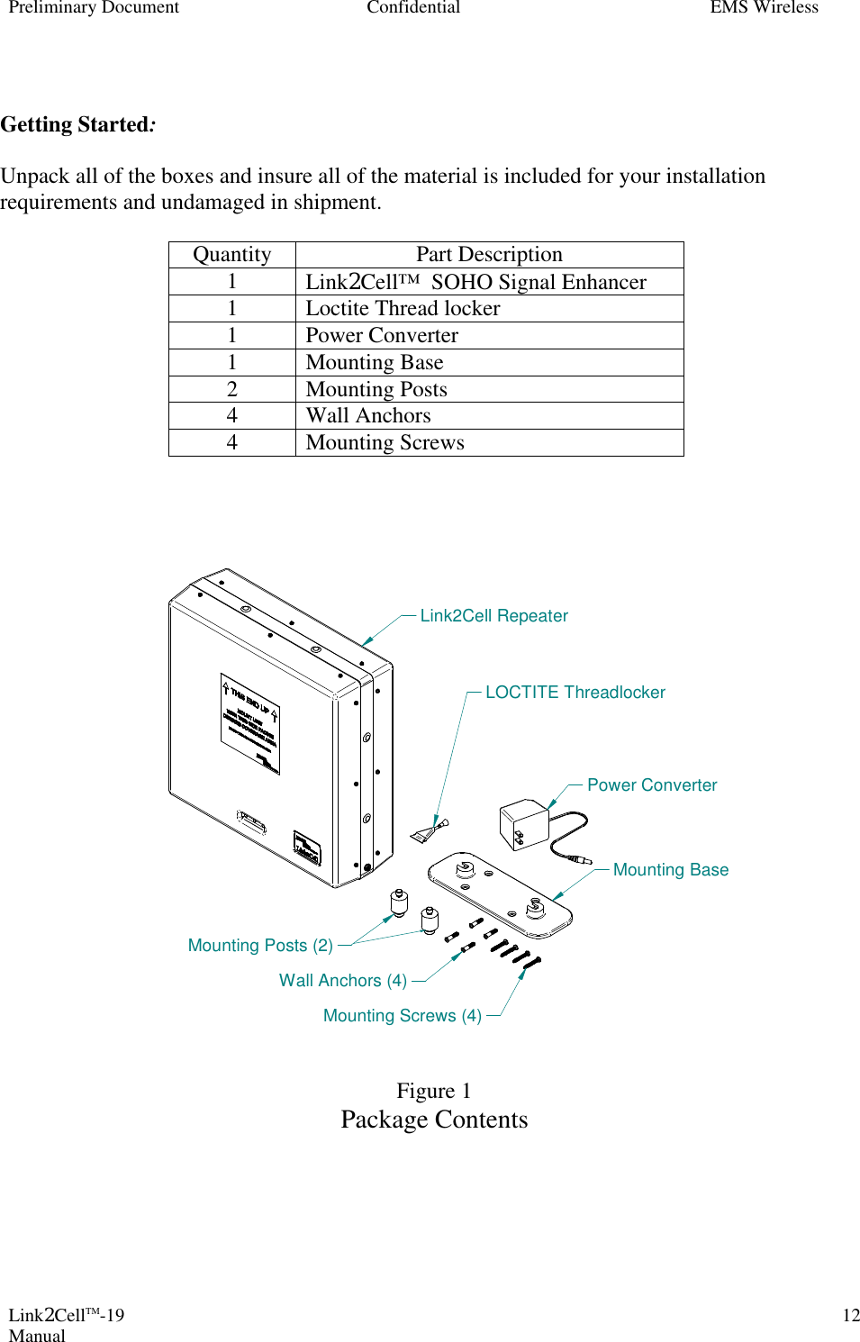 Preliminary Document Confidential EMS Wireless Link2CellTM-19 Manual 12  Getting Started:     Unpack all of the boxes and insure all of the material is included for your installation requirements and undamaged in shipment.   Quantity Part Description 1  Link2Cell™  SOHO Signal Enhancer 1  Loctite Thread locker  1  Power Converter 1  Mounting Base 2  Mounting Posts 4  Wall Anchors 4  Mounting Screws                  Figure 1 Package Contents     Link2Cell RepeaterPower ConverterMounting BaseMounting Posts (2)Wall Anchors (4)Mounting Screws (4)LOCTITE Threadlocker