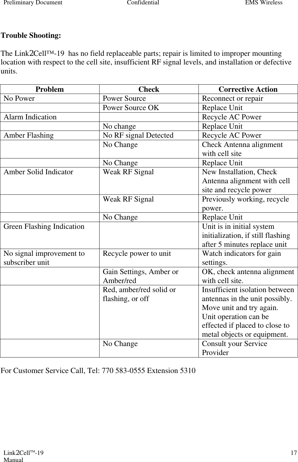 Preliminary Document Confidential EMS Wireless Link2CellTM-19 Manual 17 Trouble Shooting:  The Link2Cell™-19  has no field replaceable parts; repair is limited to improper mounting location with respect to the cell site, insufficient RF signal levels, and installation or defective units.    Problem Check Corrective Action No Power Power Source Reconnect or repair  Power Source OK Replace Unit Alarm Indication    Recycle AC Power  No change Replace Unit Amber Flashing No RF signal Detected Recycle AC Power  No Change Check Antenna alignment with cell site  No Change Replace Unit Amber Solid Indicator Weak RF Signal New Installation, Check Antenna alignment with cell site and recycle power  Weak RF Signal Previously working, recycle power.  No Change Replace Unit Green Flashing Indication    Unit is in initial system initialization, if still flashing after 5 minutes replace unit No signal improvement to subscriber unit Recycle power to unit Watch indicators for gain settings.    Gain Settings, Amber or Amber/red OK, check antenna alignment with cell site.  Red, amber/red solid or flashing, or off Insufficient isolation between antennas in the unit possibly. Move unit and try again.   Unit operation can be effected if placed to close to metal objects or equipment.  No Change Consult your Service Provider  For Customer Service Call, Tel: 770 583-0555 Extension 5310 