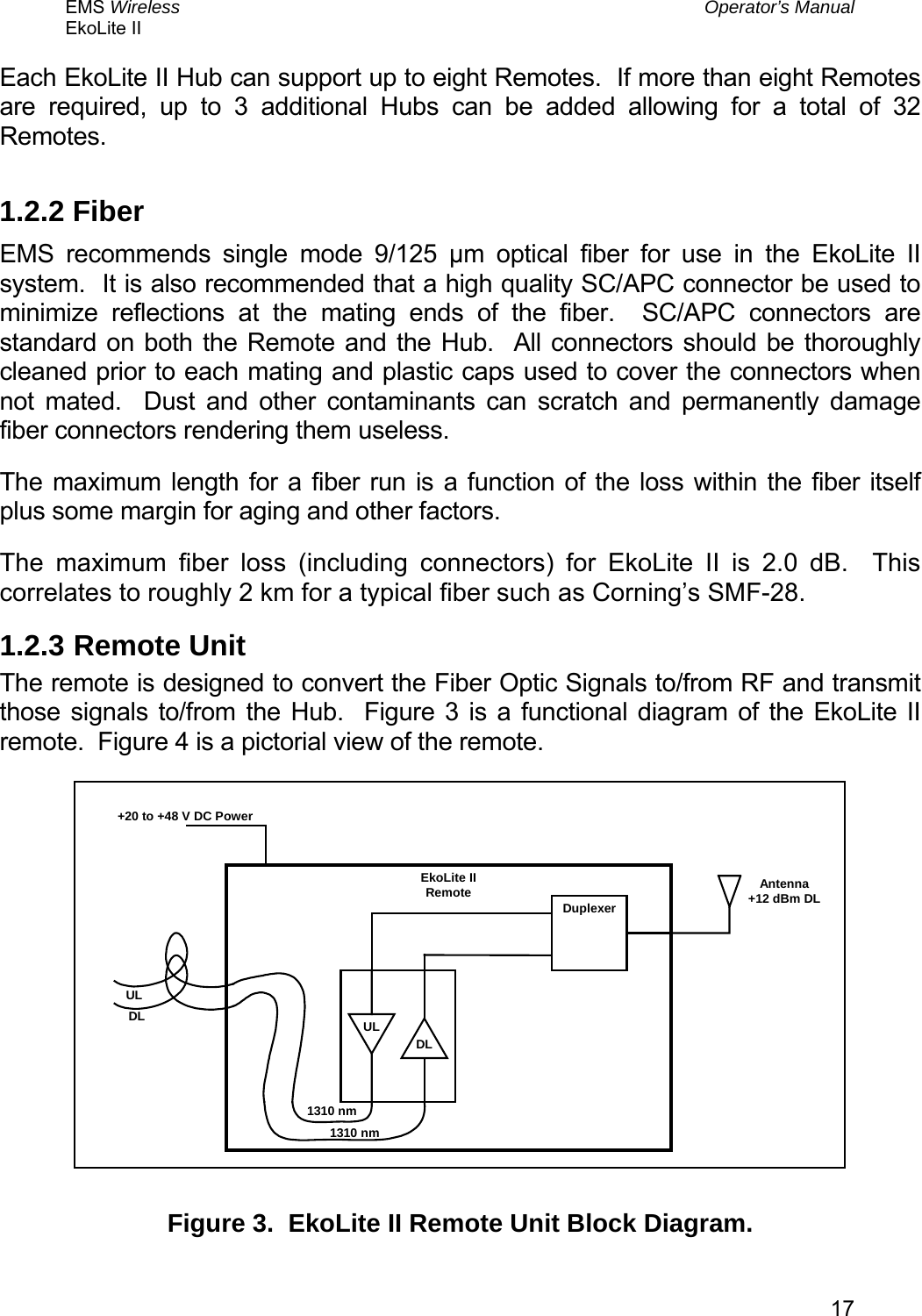 EMS Wireless  Operator’s Manual EkoLite II   17Each EkoLite II Hub can support up to eight Remotes.  If more than eight Remotes are required, up to 3 additional Hubs can be added allowing for a total of 32 Remotes. 1.2.2 Fiber EMS recommends single mode 9/125 µm optical fiber for use in the EkoLite II system.  It is also recommended that a high quality SC/APC connector be used to minimize reflections at the mating ends of the fiber.  SC/APC connectors are standard on both the Remote and the Hub.  All connectors should be thoroughly cleaned prior to each mating and plastic caps used to cover the connectors when not mated.  Dust and other contaminants can scratch and permanently damage fiber connectors rendering them useless. The maximum length for a fiber run is a function of the loss within the fiber itself plus some margin for aging and other factors.   The maximum fiber loss (including connectors) for EkoLite II is 2.0 dB.  This correlates to roughly 2 km for a typical fiber such as Corning’s SMF-28.   1.2.3  Remote Unit The remote is designed to convert the Fiber Optic Signals to/from RF and transmit those signals to/from the Hub.  Figure 3 is a functional diagram of the EkoLite II remote.  Figure 4 is a pictorial view of the remote. EkoLite IIRemote Antenna+12 dBm DLDL+20 to +48 V DC PowerDLUL1310 nmDuplexer1310 nmUL  Figure 3.  EkoLite II Remote Unit Block Diagram. 