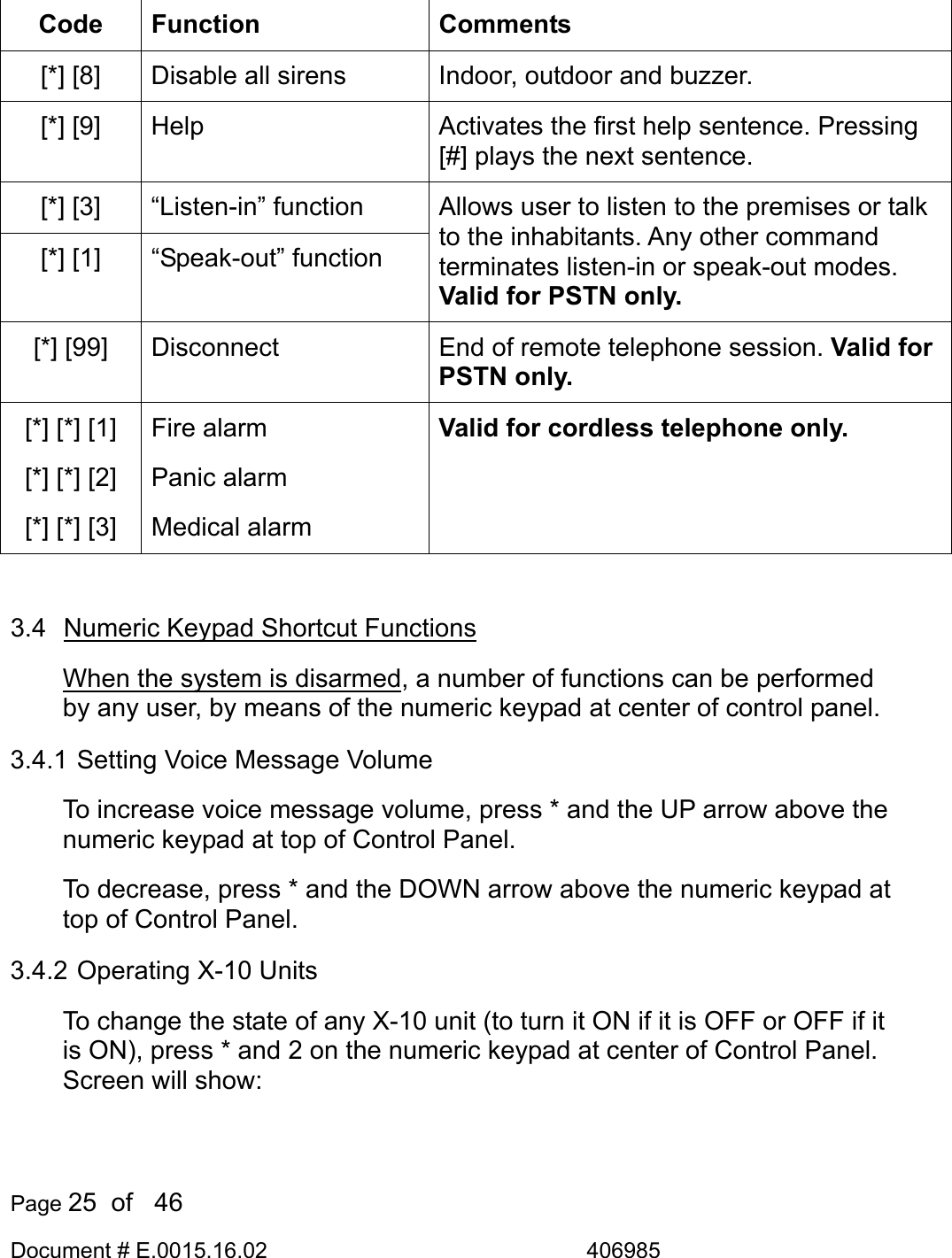  Page 25  of   46 Document # E.0015.16.02               406985  Code Function  Comments [*] [8]  Disable all sirens  Indoor, outdoor and buzzer. [*] [9]  Help  Activates the first help sentence. Pressing [#] plays the next sentence. [*] [3]  “Listen-in” function [*] [1]  “Speak-out” function Allows user to listen to the premises or talk to the inhabitants. Any other command terminates listen-in or speak-out modes. Valid for PSTN only. [*] [99]  Disconnect  End of remote telephone session. Valid for PSTN only. [*] [*] [1] [*] [*] [2] [*] [*] [3] Fire alarm Panic alarm Medical alarm Valid for cordless telephone only.  3.4  Numeric Keypad Shortcut Functions When the system is disarmed, a number of functions can be performed by any user, by means of the numeric keypad at center of control panel. 3.4.1 Setting Voice Message Volume To increase voice message volume, press * and the UP arrow above the numeric keypad at top of Control Panel.  To decrease, press * and the DOWN arrow above the numeric keypad at top of Control Panel. 3.4.2 Operating X-10 Units To change the state of any X-10 unit (to turn it ON if it is OFF or OFF if it is ON), press * and 2 on the numeric keypad at center of Control Panel. Screen will show: 