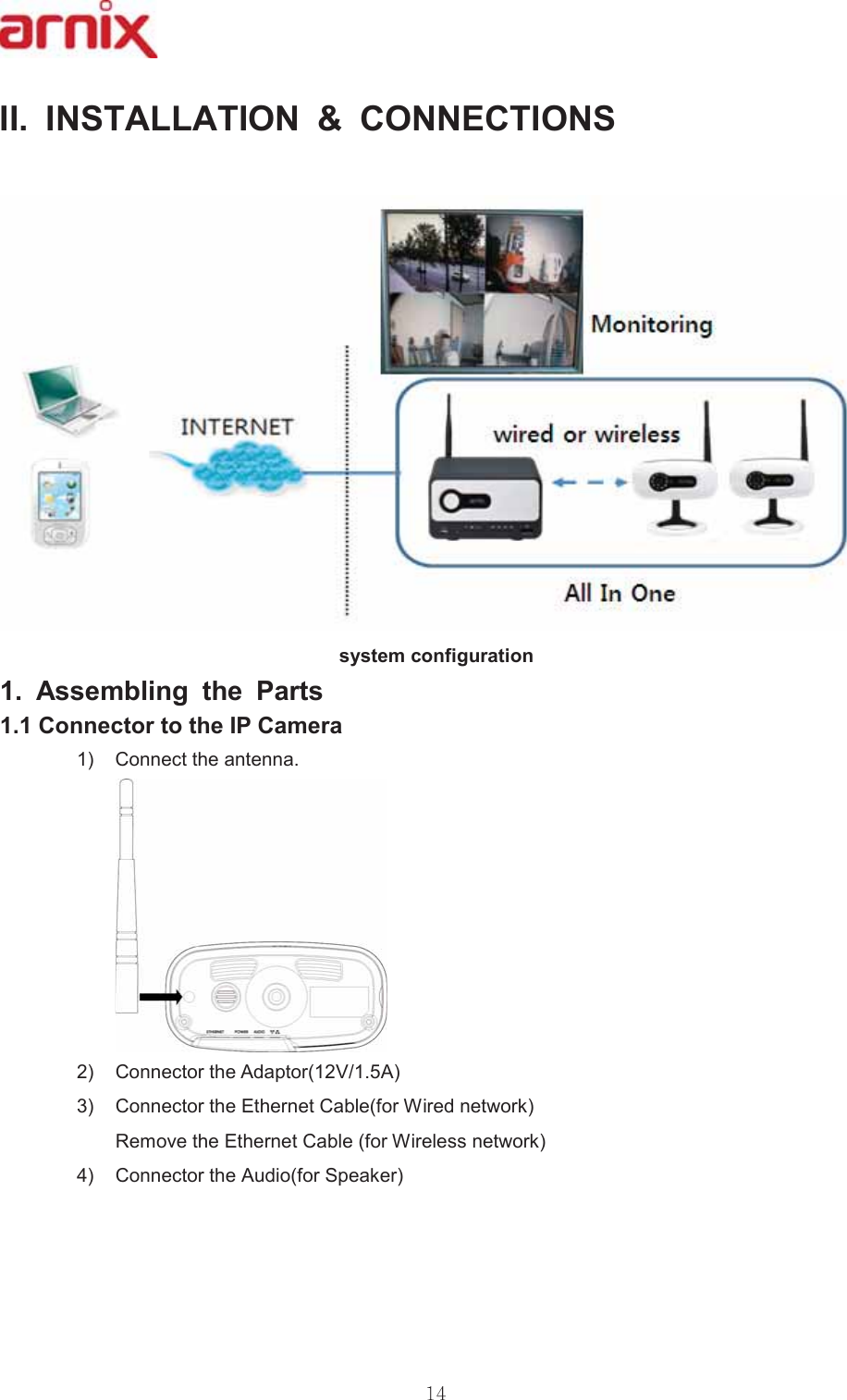 ,, ,167$//$7,21  &amp;211(&amp;7,216V\VWHPFRQILJXUDWLRQ $VVHPEOLQJ WKH 3DUWV&amp;RQQHFWRUWRWKH,3&amp;DPHUD  &amp;RQQHFWWKHDQWHQQD &amp;RQQHFWRUWKH$GDSWRU9$ &amp;RQQHFWRUWKH(WKHUQHW&amp;DEOHIRU:LUHGQHWZRUN5HPRYHWKH(WKHUQHW&amp;DEOHIRU:LUHOHVVQHWZRUN &amp;RQQHFWRUWKH$XGLRIRU6SHDNHU