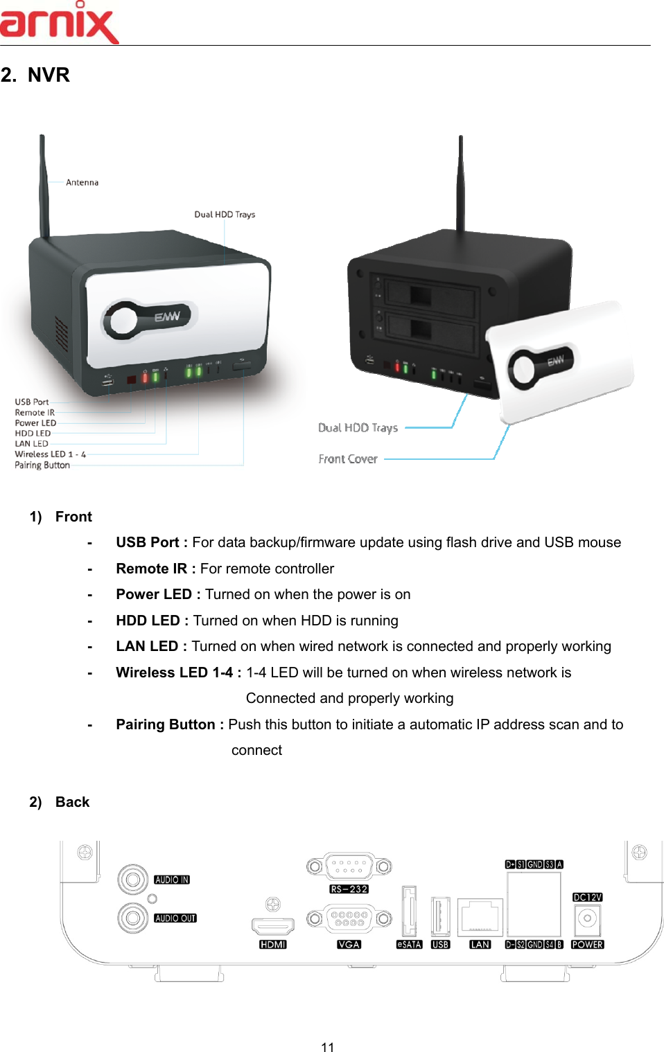  11  2.  NVR    1)  Front -  USB Port : For data backup/firmware update using flash drive and USB mouse  -  Remote IR : For remote controller -  Power LED : Turned on when the power is on -  HDD LED : Turned on when HDD is running -  LAN LED : Turned on when wired network is connected and properly working -  Wireless LED 1-4 : 1-4 LED will be turned on when wireless network is       Connected and properly working -  Pairing Button : Push this button to initiate a automatic IP address scan and to  connect  2)  Back    