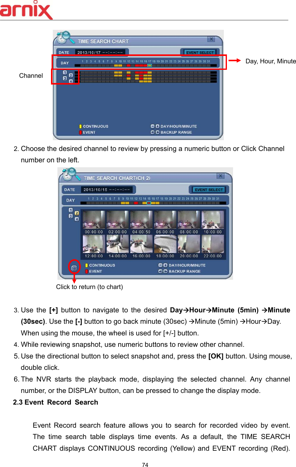  74   2. Choose the desired channel to review by pressing a numeric button or Click Channel number on the left.      Click to return (to chart)    3. Use  the  [+]  button  to  navigate  to  the  desired  DayHourMinute  (5min) Minute (30sec). Use the [-] button to go back minute (30sec) Minute (5min) HourDay. When using the mouse, the wheel is used for [+/-] button. 4. While reviewing snapshot, use numeric buttons to review other channel.   5. Use the directional button to select snapshot and, press the [OK] button. Using mouse, double click.   6. The  NVR  starts  the  playback  mode,  displaying  the  selected  channel.  Any  channel number, or the DISPLAY button, can be pressed to change the display mode.     2.3 Event  Record  Search    Event  Record  search  feature  allows  you  to  search  for  recorded  video  by  event. The  time  search  table  displays  time  events.  As  a  default,  the  TIME  SEARCH CHART  displays  CONTINUOUS  recording  (Yellow)  and  EVENT  recording  (Red). Channel Day, Hour, Minute 