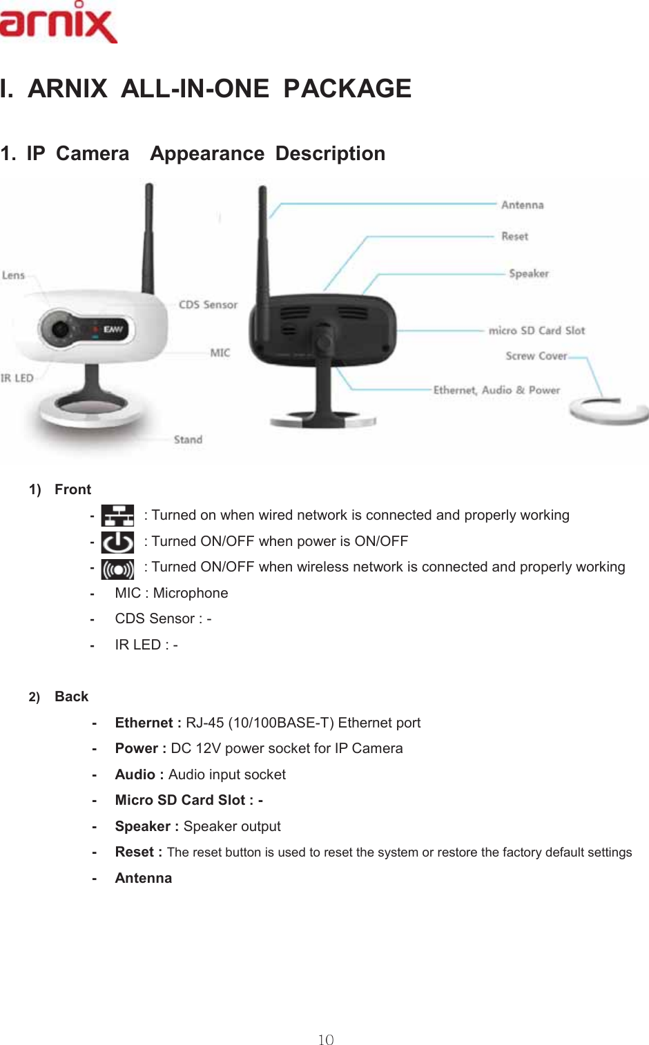 , $51,; $//,121( 3$&amp;.$*( ,3 &amp;DPHUD  $SSHDUDQFH &apos;HVFULSWLRQ )URQW7XUQHGRQZKHQZLUHGQHWZRUNLVFRQQHFWHGDQGSURSHUO\ZRUNLQJ7XUQHG212))ZKHQSRZHULV212))7XUQHG212))ZKHQZLUHOHVVQHWZRUNLVFRQQHFWHGDQGSURSHUO\ZRUNLQJ0,&amp;0LFURSKRQH&amp;&apos;66HQVRU,5/(&apos;%DFN (WKHUQHW5-%$6(7(WKHUQHWSRUW 3RZHU&apos;&amp;9SRZHUVRFNHWIRU,3&amp;DPHUD $XGLR$XGLRLQSXWVRFNHW 0LFUR6&apos;&amp;DUG6ORW 6SHDNHU6SHDNHURXWSXW 5HVHW7KHUHVHWEXWWRQLVXVHGWRUHVHWWKHV\VWHPRUUHVWRUHWKHIDFWRU\GHIDXOWVHWWLQJV $QWHQQD