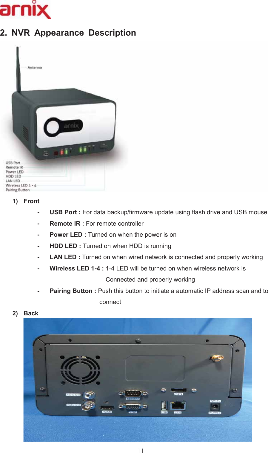  195 $SSHDUDQFH &apos;HVFULSWLRQ )URQW 86%3RUW)RUGDWDEDFNXSILUPZDUHXSGDWHXVLQJIODVKGULYHDQG86%PRXVH 5HPRWH,5)RUUHPRWHFRQWUROOHU 3RZHU/(&apos;7XUQHGRQZKHQWKHSRZHULVRQ +&apos;&apos;/(&apos;7XUQHGRQZKHQ+&apos;&apos;LVUXQQLQJ /$1/(&apos;7XUQHGRQZKHQZLUHGQHWZRUNLVFRQQHFWHGDQGSURSHUO\ZRUNLQJ :LUHOHVV/(&apos;/(&apos;ZLOOEHWXUQHGRQZKHQZLUHOHVVQHWZRUNLV   &amp;RQQHFWHGDQGSURSHUO\ZRUNLQJ 3DLULQJ%XWWRQ3XVKWKLVEXWWRQWRLQLWLDWHDDXWRPDWLF,3DGGUHVVVFDQDQGWRFRQQHFW %DFN