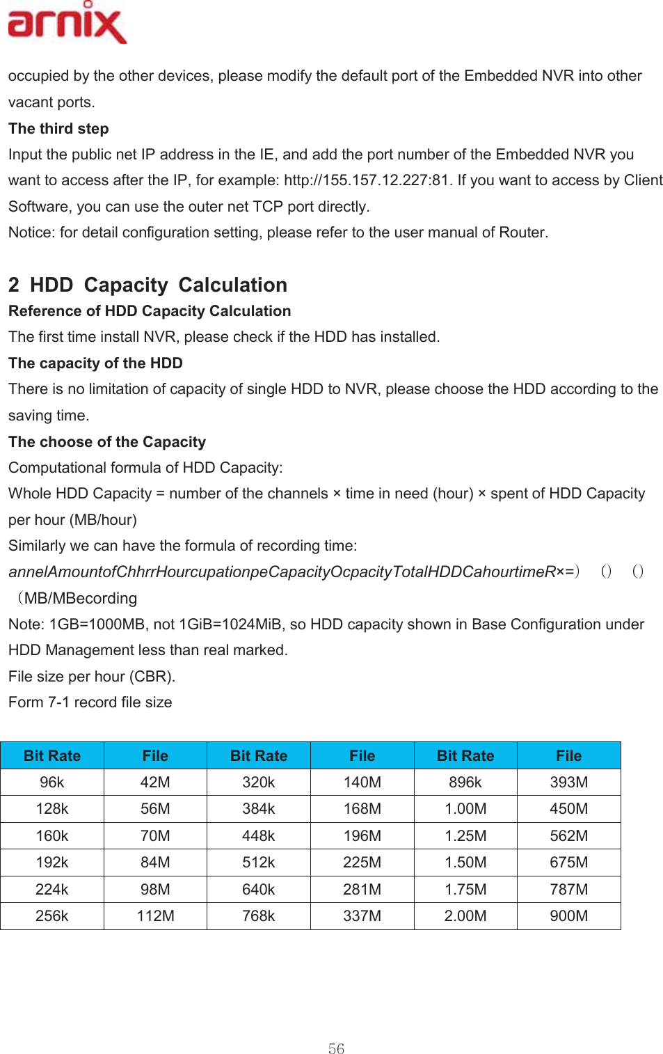 RFFXSLHGE\WKHRWKHUGHYLFHVSOHDVHPRGLI\WKHGHIDXOWSRUWRIWKH(PEHGGHG195LQWRRWKHUYDFDQWSRUWV 7KHWKLUGVWHS ,QSXWWKHSXEOLFQHW,3DGGUHVVLQWKH,(DQGDGGWKHSRUWQXPEHURIWKH(PEHGGHG195\RXZDQWWRDFFHVVDIWHUWKH,3IRUH[DPSOHKWWS,I\RXZDQWWRDFFHVVE\&amp;OLHQW6RIWZDUH\RXFDQXVHWKHRXWHUQHW7&amp;3SRUWGLUHFWO\ 1RWLFHIRUGHWDLOFRQILJXUDWLRQVHWWLQJSOHDVHUHIHUWRWKHXVHUPDQXDORI5RXWHU +&apos;&apos; &amp;DSDFLW\ &amp;DOFXODWLRQ 5HIHUHQFHRI+&apos;&apos;&amp;DSDFLW\&amp;DOFXODWLRQ 7KHILUVWWLPHLQVWDOO195SOHDVHFKHFNLIWKH+&apos;&apos;KDVLQVWDOOHG 7KHFDSDFLW\RIWKH+&apos;&apos; 7KHUHLVQROLPLWDWLRQRIFDSDFLW\RIVLQJOH+&apos;&apos;WR195SOHDVHFKRRVHWKH+&apos;&apos;DFFRUGLQJWRWKHVDYLQJWLPH 7KHFKRRVHRIWKH&amp;DSDFLW\ &amp;RPSXWDWLRQDOIRUPXODRI+&apos;&apos;&amp;DSDFLW\ :KROH+&apos;&apos;&amp;DSDFLW\ QXPEHURIWKHFKDQQHOVîWLPHLQQHHGKRXUîVSHQWRI+&apos;&apos;&amp;DSDFLW\SHUKRXU0%KRXU 6LPLODUO\ZHFDQKDYHWKHIRUPXODRIUHFRUGLQJWLPH DQQHO$PRXQWRI&amp;KKUU+RXUFXSDWLRQSH&amp;DSDFLW\2FSDFLW\7RWDO+&apos;&apos;&amp;DKRXUWLPH5î 0%0%HFRUGLQJ 1RWH*% 0%QRW*L% 0L%VR+&apos;&apos;FDSDFLW\VKRZQLQ%DVH&amp;RQILJXUDWLRQXQGHU+&apos;&apos;0DQDJHPHQWOHVVWKDQUHDOPDUNHG )LOHVL]HSHUKRXU&amp;%5 )RUPUHFRUGILOHVL]H%LW5DWH )LOH %LW5DWH )LOH %LW5DWH )LOHN 0 N 0 N 0N 0 N 0 0 0N 0 N 0 0 0N 0 N 0 0 0N 0 N 0 0 0N 0 N 0 0 0