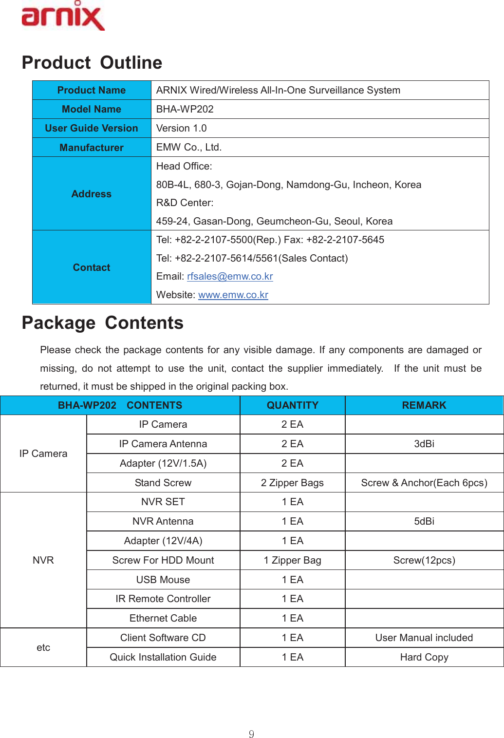 3URGXFW 2XWOLQH3URGXFW1DPH $51,;:LUHG:LUHOHVV$OO,Q2QH6XUYHLOODQFH6\VWHP0RGHO1DPH %+$:38VHU*XLGH9HUVLRQ 9HUVLRQ0DQXIDFWXUHU (0:&amp;R/WG$GGUHVV+HDG2IILFH %/*RMDQ&apos;RQJ1DPGRQJ*X,QFKHRQ.RUHD5&apos;&amp;HQWHU *DVDQ&apos;RQJ*HXPFKHRQ*X6HRXO.RUHD&amp;RQWDFW7HO5HS)D[7HO6DOHV&amp;RQWDFW(PDLOUIVDOHV#HPZFRNU:HEVLWHZZZHPZFRNU3DFNDJH &amp;RQWHQWV3OHDVH FKHFN WKH SDFNDJH FRQWHQWV IRU DQ\ YLVLEOH GDPDJH ,I DQ\ FRPSRQHQWV DUH GDPDJHG RUPLVVLQJ GR QRW DWWHPSW WR XVH WKH XQLW FRQWDFW WKH VXSSOLHU LPPHGLDWHO\  ,I WKH XQLW PXVW EHUHWXUQHGLWPXVWEHVKLSSHGLQWKHRULJLQDOSDFNLQJER[%+$:3  &amp;217(176 48$17,7&lt; 5(0$5.,3&amp;DPHUD,3&amp;DPHUD ($ ,3&amp;DPHUD$QWHQQD ($ G%L$GDSWHU9$ ($ 6WDQG6FUHZ =LSSHU%DJV 6FUHZ$QFKRU(DFKSFV1951956(7 ($ 195$QWHQQD ($ G%L$GDSWHU9$ ($ 6FUHZ)RU+&apos;&apos;0RXQW =LSSHU%DJ 6FUHZSFV86%0RXVH ($ ,55HPRWH&amp;RQWUROOHU ($ (WKHUQHW&amp;DEOH ($ HWF&amp;OLHQW6RIWZDUH&amp;&apos; ($ 8VHU0DQXDOLQFOXGHG4XLFN,QVWDOODWLRQ*XLGH ($ +DUG&amp;RS\