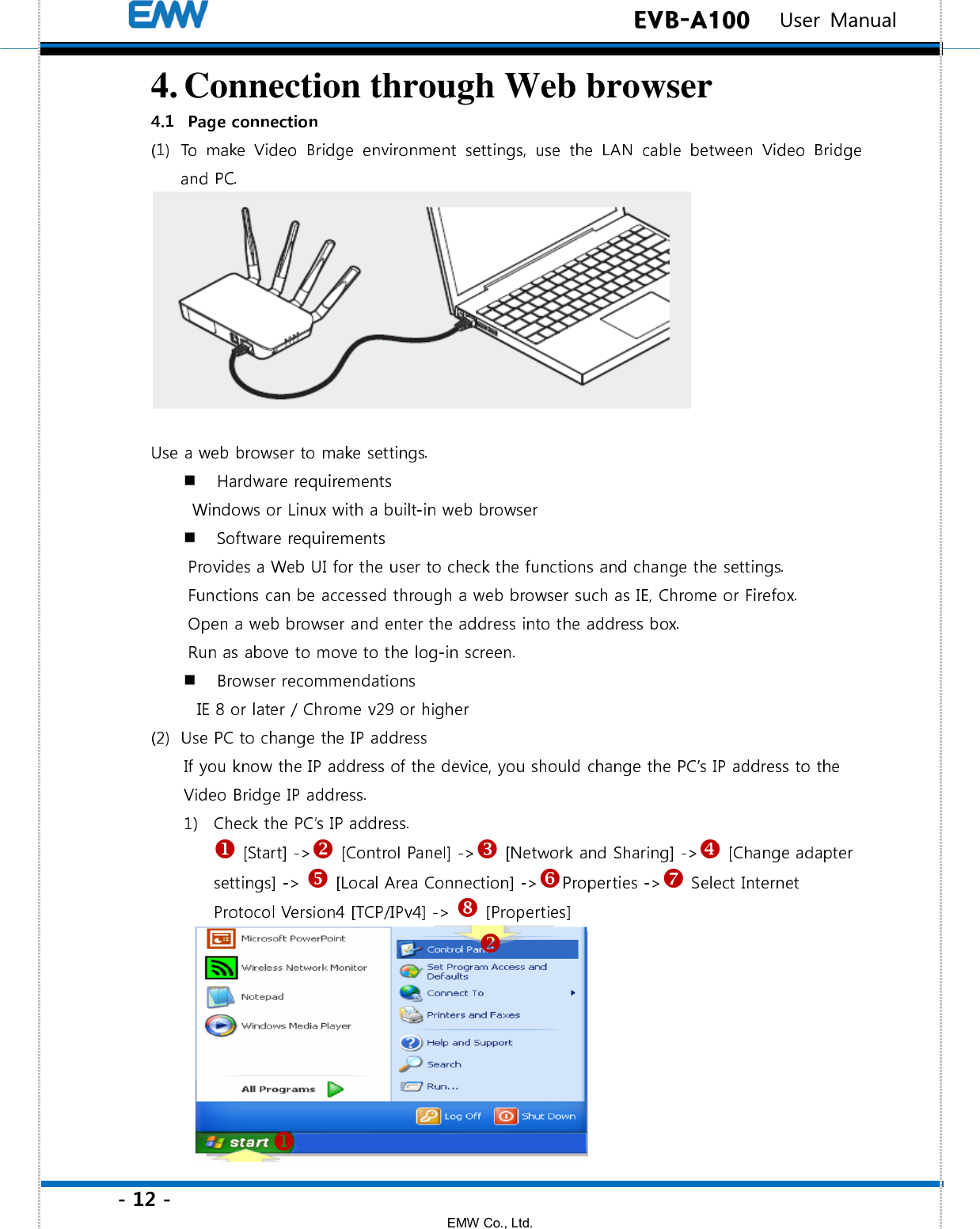 - 12 - EMW Co., Ltd.  EVB-A100   User Manual 4. Connection through Web browser               