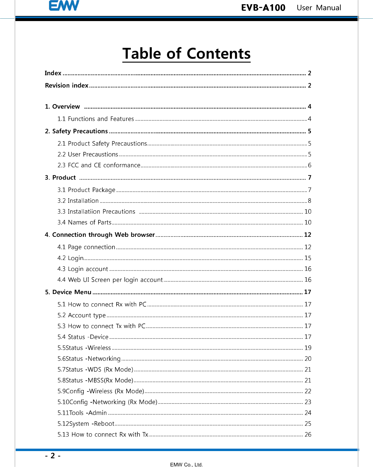 - 2 - EMW Co., Ltd.  EVB-A100   User Manual     Table of Contents  