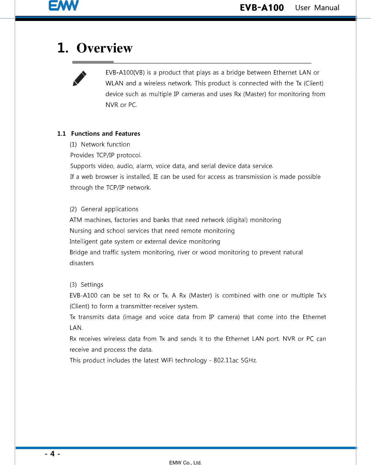 - 4 - EMW Co., Ltd.  EVB-A100   User Manual 1.   Overview      