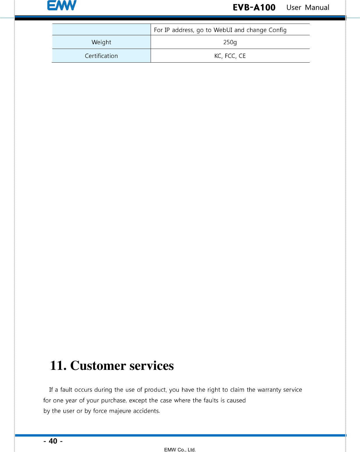 - 40 - EMW Co., Ltd.  EVB-A100   User Manual 11. Customer services 