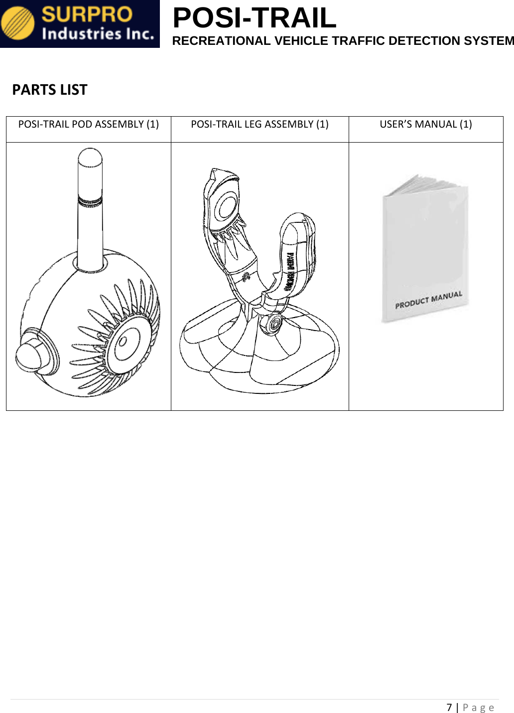                                                            POSI-TRAIL                                                  RECREATIONAL VEHICLE TRAFFIC DETECTION SYSTEM 7|PagePARTSLISTPOSI‐TRAILPODASSEMBLY(1)POSI‐TRAILLEGASSEMBLY(1)USER&rsquo;SMANUAL(1)