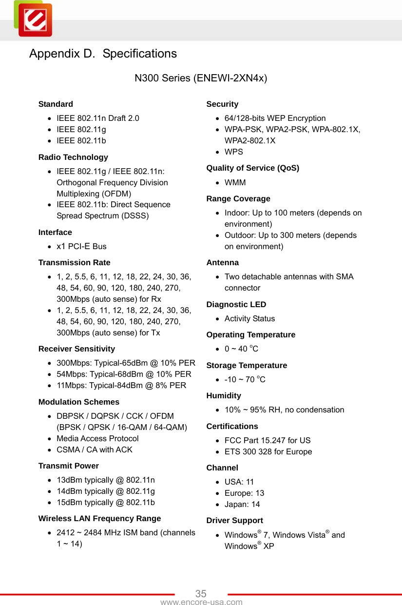   35www.encore-usa.com Appendix D.  Specifications  N300 Series (ENEWI-2XN4x)  Standard   IEEE 802.11n Draft 2.0  IEEE 802.11g  IEEE 802.11b Radio Technology   IEEE 802.11g / IEEE 802.11n: Orthogonal Frequency Division Multiplexing (OFDM)   IEEE 802.11b: Direct Sequence Spread Spectrum (DSSS) Interface  x1 PCI-E Bus Transmission Rate   1, 2, 5.5, 6, 11, 12, 18, 22, 24, 30, 36, 48, 54, 60, 90, 120, 180, 240, 270, 300Mbps (auto sense) for Rx     1, 2, 5.5, 6, 11, 12, 18, 22, 24, 30, 36, 48, 54, 60, 90, 120, 180, 240, 270, 300Mbps (auto sense) for Tx   Receiver Sensitivity   300Mbps: Typical-65dBm @ 10% PER   54Mbps: Typical-68dBm @ 10% PER   11Mbps: Typical-84dBm @ 8% PER Modulation Schemes     DBPSK / DQPSK / CCK / OFDM (BPSK / QPSK / 16-QAM / 64-QAM)  Media Access Protocol   CSMA / CA with ACK Transmit Power     13dBm typically @ 802.11n   14dBm typically @ 802.11g   15dBm typically @ 802.11b Wireless LAN Frequency Range   2412 ~ 2484 MHz ISM band (channels 1 ~ 14) Security    64/128-bits WEP Encryption    WPA-PSK, WPA2-PSK, WPA-802.1X, WPA2-802.1X  WPS Quality of Service (QoS)  WMM Range Coverage   Indoor: Up to 100 meters (depends on environment)   Outdoor: Up to 300 meters (depends on environment) Antenna   Two detachable antennas with SMA connector Diagnostic LED  Activity Status Operating Temperature   0 ~ 40 oC Storage Temperature   -10 ~ 70 oC Humidity   10% ~ 95% RH, no condensation Certifications   FCC Part 15.247 for US   ETS 300 328 for Europe Channel   USA: 11  Europe: 13  Japan: 14 Driver Support    Windows® 7, Windows Vista® and Windows® XP 
