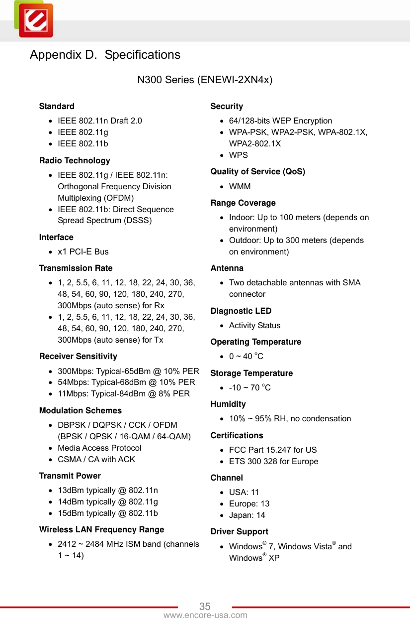  35www.encore-usa.com Appendix D.  Specifications  N300 Series (ENEWI-2XN4x)  Standard   IEEE 802.11n Draft 2.0  IEEE 802.11g  IEEE 802.11b Radio Technology   IEEE 802.11g / IEEE 802.11n: Orthogonal Frequency Division Multiplexing (OFDM)   IEEE 802.11b: Direct Sequence Spread Spectrum (DSSS) Interface  x1 PCI-E Bus Transmission Rate   1, 2, 5.5, 6, 11, 12, 18, 22, 24, 30, 36, 48, 54, 60, 90, 120, 180, 240, 270, 300Mbps (auto sense) for Rx     1, 2, 5.5, 6, 11, 12, 18, 22, 24, 30, 36, 48, 54, 60, 90, 120, 180, 240, 270, 300Mbps (auto sense) for Tx   Receiver Sensitivity   300Mbps: Typical-65dBm @ 10% PER   54Mbps: Typical-68dBm @ 10% PER   11Mbps: Typical-84dBm @ 8% PER Modulation Schemes     DBPSK / DQPSK / CCK / OFDM (BPSK / QPSK / 16-QAM / 64-QAM)  Media Access Protocol   CSMA / CA with ACK Transmit Power     13dBm typically @ 802.11n   14dBm typically @ 802.11g   15dBm typically @ 802.11b Wireless LAN Frequency Range   2412 ~ 2484 MHz ISM band (channels 1 ~ 14) Security    64/128-bits WEP Encryption    WPA-PSK, WPA2-PSK, WPA-802.1X, WPA2-802.1X  WPS Quality of Service (QoS)  WMM Range Coverage   Indoor: Up to 100 meters (depends on environment)   Outdoor: Up to 300 meters (depends on environment) Antenna   Two detachable antennas with SMA connector Diagnostic LED  Activity Status Operating Temperature   0 ~ 40 oC Storage Temperature   -10 ~ 70 oC Humidity   10% ~ 95% RH, no condensation Certifications   FCC Part 15.247 for US   ETS 300 328 for Europe Channel   USA: 11  Europe: 13  Japan: 14 Driver Support    Windows® 7, Windows Vista® and Windows® XP 