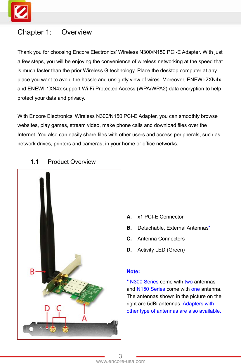   3www.encore-usa.com Chapter 1:  Overview  Thank you for choosing Encore Electronics’ Wireless N300/N150 PCI-E Adapter. With just a few steps, you will be enjoying the convenience of wireless networking at the speed that is much faster than the prior Wireless G technology. Place the desktop computer at any place you want to avoid the hassle and unsightly view of wires. Moreover, ENEWI-2XN4x and ENEWI-1XN4x support Wi-Fi Protected Access (WPA/WPA2) data encryption to help protect your data and privacy.  With Encore Electronics’ Wireless N300/N150 PCI-E Adapter, you can smoothly browse websites, play games, stream video, make phone calls and download files over the Internet. You also can easily share files with other users and access peripherals, such as network drives, printers and cameras, in your home or office networks.  1.1  Product Overview     A.  x1 PCI-E Connector B. Detachable, External Antennas* C. Antenna Connectors D. Activity LED (Green)  Note: * N300 Series come with two antennas and N150 Series come with one antenna.   The antennas shown in the picture on the right are 5dBi antennas. Adapters with other type of antennas are also available. 