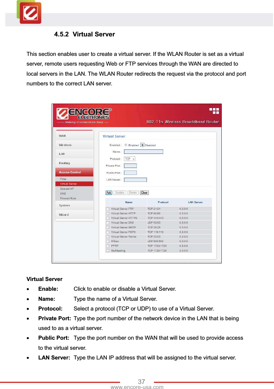 37www.encore-usa.com 4.5.2 Virtual Server This section enables user to create a virtual server. If the WLAN Router is set as a virtual server, remote users requesting Web or FTP services through the WAN are directed to local servers in the LAN. The WLAN Router redirects the request via the protocol and port numbers to the correct LAN server. Virtual ServerxEnable:  Click to enable or disable a Virtual Server. xName:    Type the name of a Virtual Server. xProtocol:  Select a protocol (TCP or UDP) to use of a Virtual Server. xPrivate Port:  Type the port number of the network device in the LAN that is being used to as a virtual server. xPublic Port:  Type the port number on the WAN that will be used to provide access to the virtual server. xLAN Server:  Type the LAN IP address that will be assigned to the virtual server. 