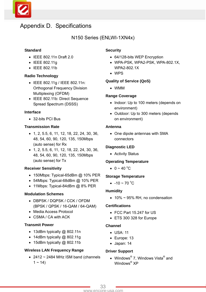   33www.encore-usa.com Appendix D.  Specifications  N150 Series (ENLWI-1XN4x)  Standard •  IEEE 802.11n Draft 2.0 • IEEE 802.11g • IEEE 802.11b Radio Technology •  IEEE 802.11g / IEEE 802.11n: Orthogonal Frequency Division Multiplexing (OFDM) •  IEEE 802.11b: Direct Sequence Spread Spectrum (DSSS) Interface •  32-bits PCI Bus Transmission Rate •  1, 2, 5.5, 6, 11, 12, 18, 22, 24, 30, 36, 48, 54, 60, 90, 120, 135, 150Mbps (auto sense) for Rx   •  1, 2, 5.5, 6, 11, 12, 18, 22, 24, 30, 36, 48, 54, 60, 90, 120, 135, 150Mbps (auto sense) for Tx Receiver Sensitivity •  150Mbps: Typical-65dBm @ 10% PER•  54Mbps: Typical-68dBm @ 10% PER •  11Mbps: Typical-84dBm @ 8% PER Modulation Schemes   •  DBPSK / DQPSK / CCK / OFDM (BPSK / QPSK / 16-QAM / 64-QAM) • Media Access Protocol •  CSMA / CA with ACK Transmit Power   •  13dBm typically @ 802.11n •  14dBm typically @ 802.11g •  15dBm typically @ 802.11b Wireless LAN Frequency Range •  2412 ~ 2484 MHz ISM band (channels 1 ~ 14) Security  •  64/128-bits WEP Encryption  •  WPA-PSK, WPA2-PSK, WPA-802.1X, WPA2-802.1X • WPS Quality of Service (QoS) • WMM Range Coverage •  Indoor: Up to 100 meters (depends on environment) •  Outdoor: Up to 300 meters (depends on environment) Antenna •  One dipole antennas with SMA connectors Diagnostic LED • Activity Status Operating Temperature •  0 ~ 40 oC Storage Temperature •  -10 ~ 70 oC Humidity •  10% ~ 95% RH, no condensation Certifications •  FCC Part 15.247 for US •  ETS 300 328 for Europe Channel  • USA: 11 • Europe: 13 • Japan: 14 Driver Support   • Windows® 7, Windows Vista® and Windows® XP 