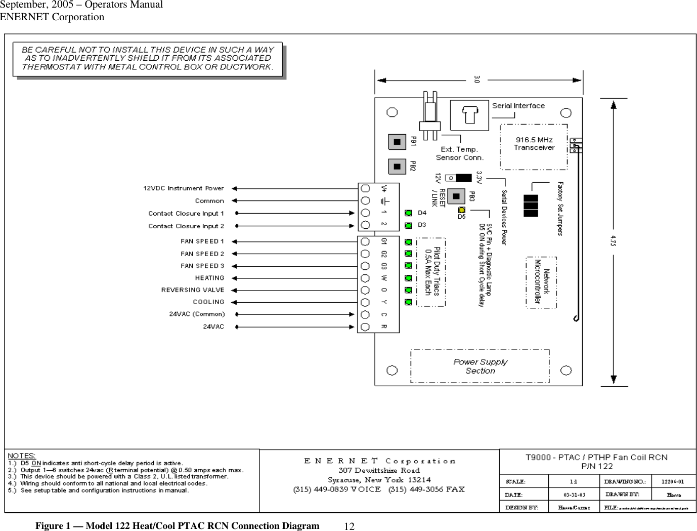 September, 2005 – Operators Manual ENERNET Corporation 12  Figure 1 — Model 122 Heat/Cool PTAC RCN Connection Diagram 