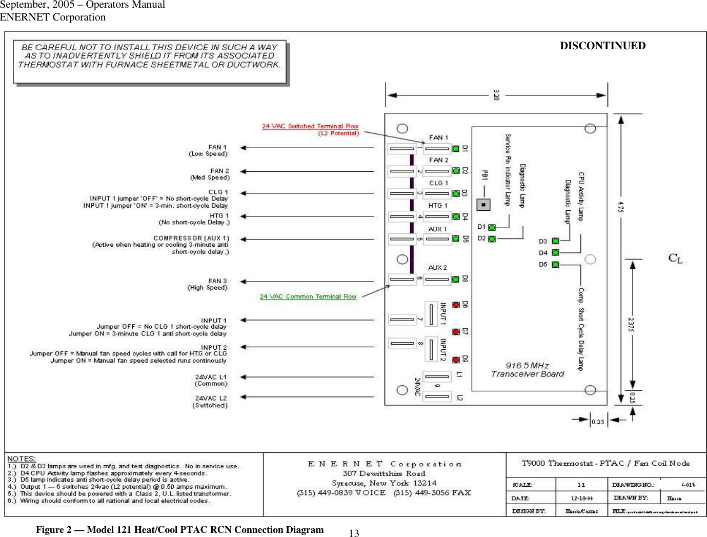 September, 2005 – Operators Manual ENERNET Corporation 13  Figure 2 — Model 121 Heat/Cool PTAC RCN Connection DiagramDISCONTINUED 