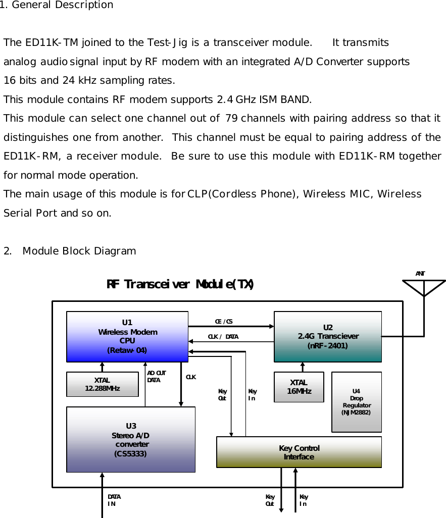  1. General Description  The ED11K-TM joined to the Test-Jig is a transceiver module.     It transmits  analog audio signal input by RF modem with an integrated A/D Converter supports  16 bits and 24 kHz sampling rates. This module contains RF modem supports 2.4 GHz ISM BAND. This module can select one channel out of 79 channels with pairing address so that it distinguishes one from another.  This channel must be equal to pairing address of the ED11K-RM, a receiver module.  Be sure to use this module with ED11K-RM together for normal mode operation. The main usage of this module is for CLP(Cordless Phone), Wireless MIC, Wireless  Serial Port and so on.                 2. Module Block Diagram RF Transceiver Module(TX)U1Wireless ModemCPU(Retaw-04)Key ControlInterfaceU22.4G Transciever(nRF-2401)U3Stereo A/Dconverter(CS5333)CE /CSCLK / DATAAD OUTDATAANTXTAL12.288MHz XTAL16MHzDATAINKeyOut KeyInKeyOut KeyInCLKU4DropRegulator(NJM2882)          