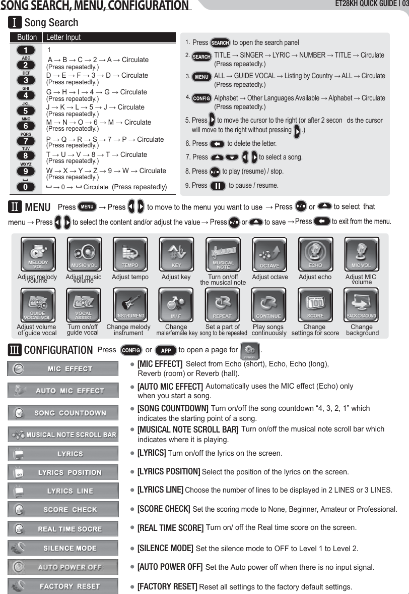 ET28KH QUICK GUIDE | 03●[REAL TIME SCORE] Turn on/ off the Real time score on the screen.●[SCORE CHECK] Set the scoring mode to None, Beginner, Amateur or Professional.●[LYRICS POSITION] Select the position of the lyrics on the screen.●[LYRICS]Turn on/off the lyrics on the screen.●[MUSICAL NOTE SCROLL BAR]Turn on/off the musical note scroll bar which ●[SONG COUNTDOWN] Turn on/off the song countdown &ldquo;4, 3, 2, 1&rdquo; which ●[AUTO MIC EFFECT]Automatically uses the MIC effect (Echo) only ●[MIC EFFECT]Select from Echo (short), Echo, Echo (long),Reverb (room) or Reverb (hall). Press   or  to open a page for           .  Adjust tempo Adjust keyAdjust melodyvolume Adjust musicvolume Adjust MIC volumeAdjust echoAdjust volume of guide vocal Turn on/offguide vocal Change melodyinstrument Change male/female keyAdjust octaveSet a part of song to be repeatedPlay songs continuously Change backgroundTurn on/offthe musical noteChange settings for score●[LYRICS LINE] Choose the number of lines to be displayed in 2 LINES or 3 LINES. A &rarr; B &rarr; C &rarr; 2 &rarr; A &rarr; Circulate (Press repeatedly.)Press               to open the search panel9. Press             to pause / resume.8. Press         to play (resume) / stop.7. Press                               to select a song.6. Press            to delete the letter.G &rarr; H &rarr; I &rarr; 4 &rarr; G &rarr; Circulate(Press repeatedly.)J &rarr; K &rarr; L &rarr; 5 &rarr; J &rarr; Circulate (Press repeatedly.)M &rarr; N &rarr; O &rarr; 6 &rarr; M &rarr; Circulate(Press repeatedly.)P &rarr; Q &rarr; R &rarr; S &rarr; 7 &rarr; P &rarr; Circulate(Press repeatedly.)T &rarr; U &rarr; V &rarr; 8 &rarr; T &rarr; Circulate(Press repeatedly.)W &rarr; X &rarr; Y &rarr; Z &rarr; 9 &rarr; W &rarr; Circulate(Press repeatedly.)    &rarr; 0 &rarr;      Circulate (Press repeatedly)D &rarr; E &rarr; F &rarr; 3 &rarr; D &rarr; Circulate (Press repeatedly.) 1 TITLE &rarr; SINGER &rarr; LYRIC &rarr; NUMBER &rarr; TITLE &rarr; Circulate(Press repeatedly.)ALL &rarr; GUIDE VOCAL &rarr; Listing by Country &rarr; ALL &rarr; Circulate(Press repeatedly.)Alphabet &rarr; Other Languages Available &rarr; Alphabet &rarr; Circulate(Press repeatedly.)5. Press      to move the cursor to the right (or after 2 seconds the cursor     will move to the right without pressing      .)2. 1. 3. 4.           CONFIGURATIONIIIButton Letter Input          Song SearchIII  MENUSONG SEARCH, MENU, CONFIGURATION●[SILENCE MODE] Set the silence mode to OFF to Level 1 to Level 2.●[AUTO POWER OFF] Set the Auto power off when there is no input signal.●[FACTORY RESET] Reset all settings to the factory default settings.indicates where it is playing.indicates the starting point of a song.when you start a song.