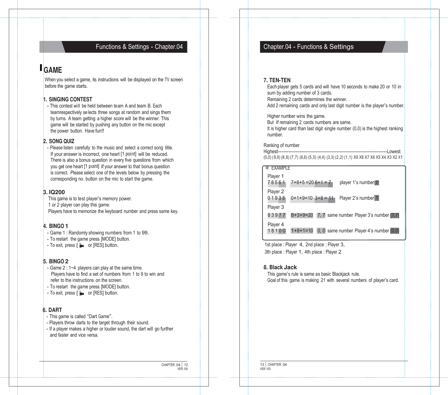   Functions &amp; Settings - Chapter.04 Chapter.04 - Functions &amp; Settings   GAME When you select a game, its instructions  will  be displayed on the TV screen before the game starts.  1. SINGING CONTEST - This contest will be held between team A and team B. Each teamrespectively se lects three songs at random and sings them by turns. A team getting  a higher score will  be the winner. This game will  be started by pushing any button on the mic except the power button.  Have fun!!  2. SONG QUIZ - Please listen carefully to the music and  select a correct song  title. If your answer is incorrect, one heart [1 point] will be  reduced. There is also a bonus question in every five questions from which you get one heart [1 point] if your answer to that bonus question is correct.  Please select one of the levels below by pressing the corresponding no. button on the mic to start the game.  3. IQ200 This game is to test player&rsquo;s memory power. 1 or 2 player can play this game. Players have to memorize the keyboard number and press same key.   7. TEN-TEN Each player gets 5 cards and will have 10 seconds to make 20 or 10 in sum by adding number of 3 cards. Remaining 2 cards determines the winner. Add 2 remaining cards and only last digit number is the player&rsquo;s number.  Higher number wins the game. But  if remaining 2 cards numbers are same. It is higher card than last digit single number (0,0) is the highest ranking number.  Ranking of number Highest-------------------------------------------------------------Lowest (0,0) (9,9) (8,8) (7,7) (6,6) (5,5) (4,4) (3,3) (2,2) (1,1) X9 X8 X7 X6 X5 X4 X3 X2 X1  ※ EXAMPLE Player 1 7 8 5 6 1    7+8+5 =20 6+1 = 7 player 1&rsquo;s number  7   Player 2 0 1 9 3 8    0+1+9=10  3+8 = 11    Player 2&rsquo;s number  1   Player 3   4. BINGO 1 - Game 1 : Randomly showing numbers from 1 to 99. - To restart  the game press [MODE] button. 8 3 9 7 7     8+3+9=20  Player 4 1 8 1 0 0     1+8+1=10  7, 7 same number Player 3&rsquo;s number (7,7)    0, 0 same number Player 4&rsquo;s number (0,0) - To exit,  press [ ] or [RES] button.   5. BINGO 2 - Game 2 : 1~4  players can play at the same time. Players have to find a set of numbers  from  1 to 9 to win and refer to the instructions  on the screen. - To restart  the game press [MODE] button. - To exit,  press [ ] or [RES] button. 1st place : Player  4, 2nd place : Player 3, 3th place : Player 1, 4th place : Player 2  8. Black Jack This game&rsquo;s rule is same as basic Blackjack rule. Goal of this game is making  21 with  several numbers  of player&rsquo;s card.   6. DART - This game is called &ldquo;Dart Game&rdquo;. - Players throw  darts to the target  through  their  sound. - If a player makes a higher or louder sound, the dart will  go further and faster and vice versa.    CHAPTER. 04 |  12 VER.100 13 |  CHAPTER. 04 VER.100 