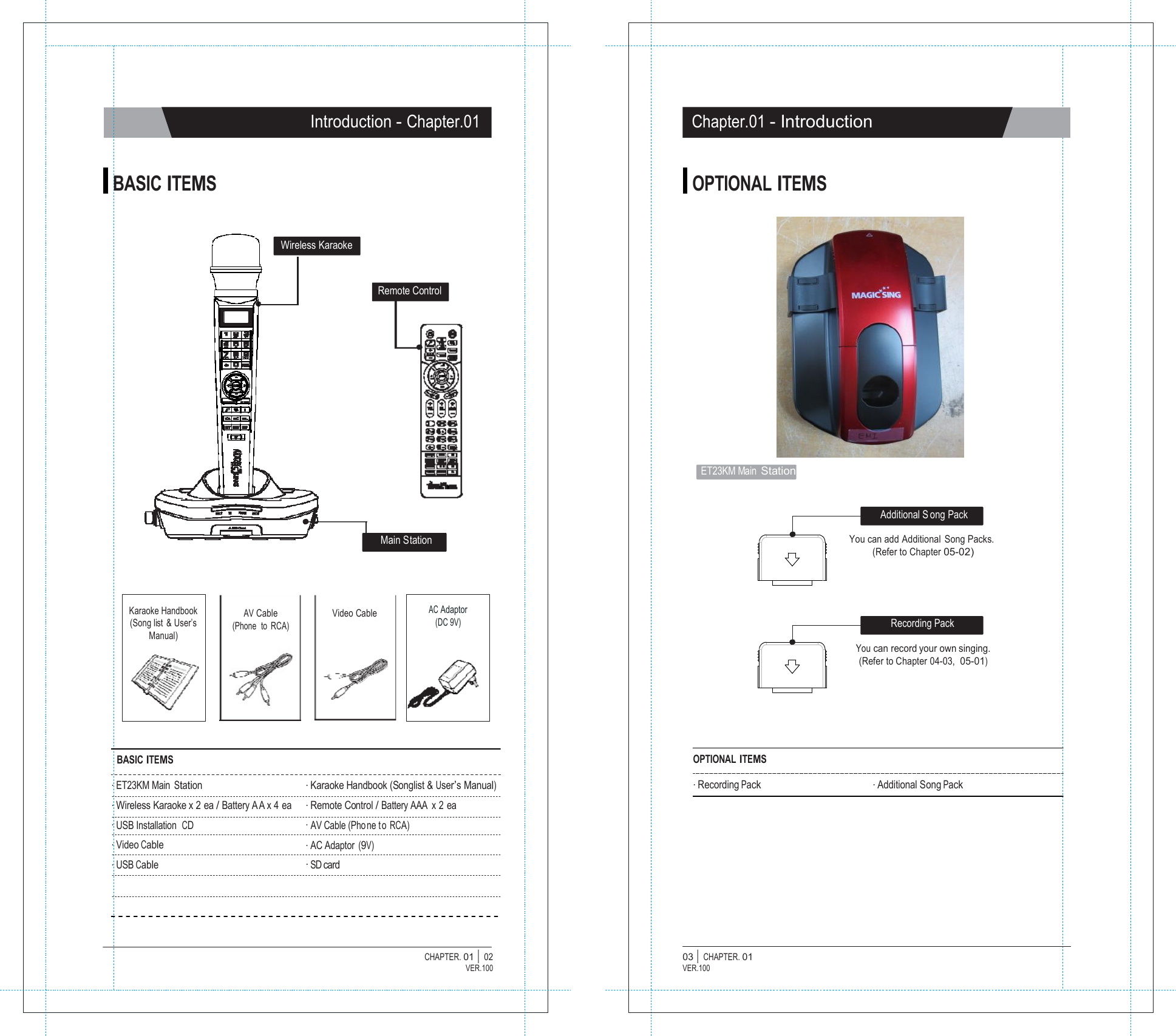   Introduction - Chapter.01 Chapter.01 - Introduction   BASIC ITEMS OPTIONAL ITEMS   Wireless Karaoke   Remote Control           ET23KM Main Station   Additional S ong Pack  Main Station  You can add Additional  Song Packs. (Refer to Chapter 05-02)    Karaoke Handbook (Song list  &amp; User&rsquo;s Manual) AV Cable (Phone  to  RCA) Video Cable AC Adaptor (DC 9V)  Recording Pack  You can record your own singing. (Refer to Chapter 04-03,  05-01)      BASIC ITEMS  . ET23KM Main Station . Wireless Karaoke x 2 ea / Battery A A x 4 ea . USB Installation  CD . Video Cable . USB Cable   . Karaoke Handbook (Songlist &amp; User&rsquo;s Manual) . Remote Control / Battery AAA  x 2 ea . AV Cable (Pho ne to RCA) . AC Adaptor (9V) . SD card OPTIONAL ITEMS  . Recording Pack   . Additional Song Pack      CHAPTER. 01 |  02 VER.100 03 |  CHAPTER. 01 VER.100 