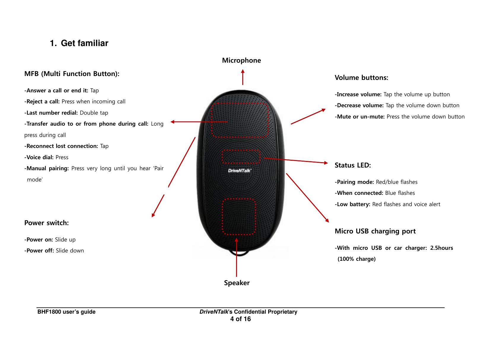 BHF1800 user&rsquo;s guide                                      DriveNTalk&rsquo;s Confidential Proprietary 4 of 16 1. Get familiar       MFB (Multi Function Button): -Answer a call or end it: Tap -Reject a call: Press when incoming call -Last number redial: Double tap -Transfer audio to or from phone during call: Long press during call -Reconnect lost connection: Tap -Voice dial: Press -Manual pairing: Press very long until you hear &lsquo;Pair mode&rsquo; Power switch: -Power on: Slide up -Power off: Slide down Volume buttons: -Increase volume: Tap the volume up button -Decrease volume: Tap the volume down button -Mute or un-mute: Press the volume down button Micro USB charging port -With  micro  USB  or  car  charger:  2.5hours (100% charge) Status LED: -Pairing mode: Red/blue flashes -When connected: Blue flashes -Low battery: Red flashes and voice alert Microphone Speaker 