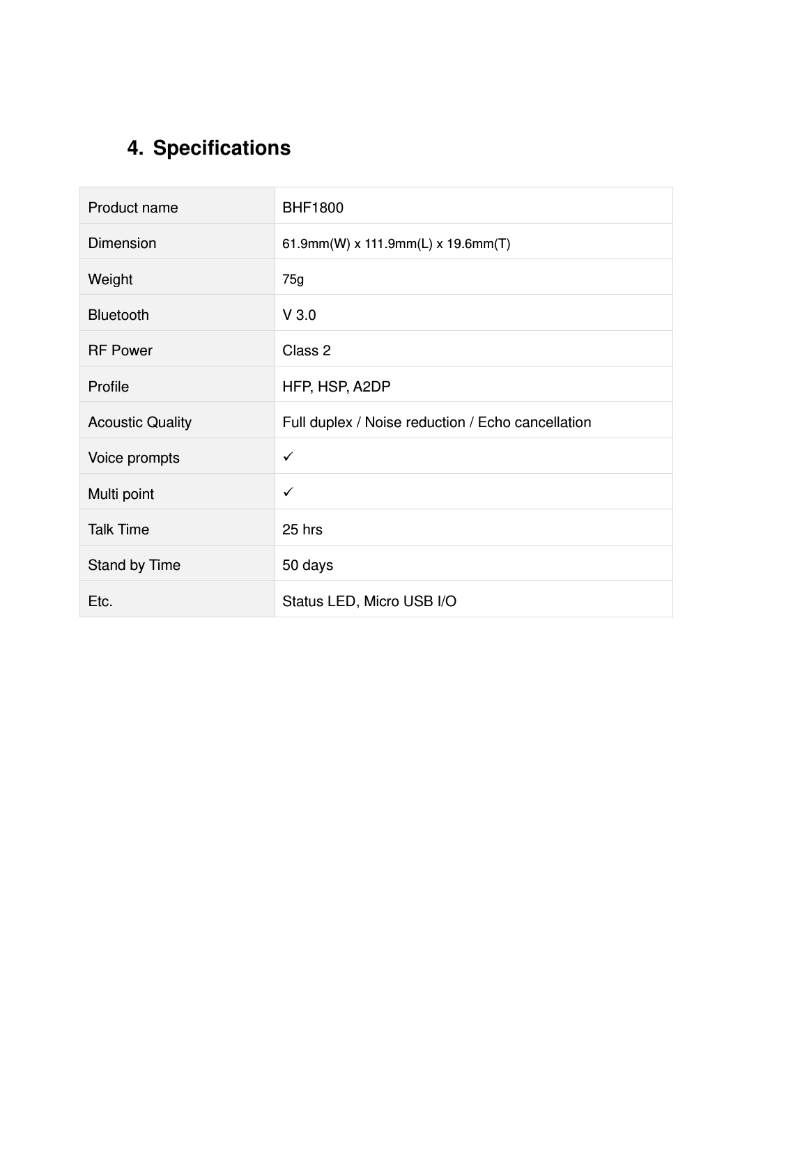  4. Specifications  Product name  BHF1800Dimension  61.9mm(W) x 111.9mm(L) x 19.6mm(T) Weight  75g Bluetooth V 3.0 RF Power  Class 2Profile HFP, HSP, A2DPAcoustic Quality Full duplex/Noise reduction/ Echo cancellation Voice prompts  9 Multi point  9 Talk Time  25 hrsStand by Time  50 daysEtc.  Status LED, Micro USB I/O  