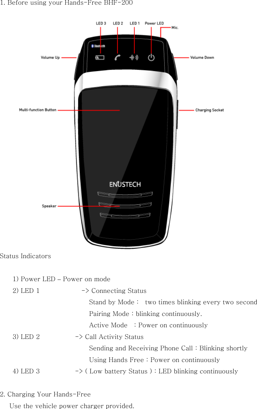 1. Before using your Hands-Free BHF-200   Status Indicators  1) Power LED &ndash; Power on mode 2) LED 1             -> Connecting Status   Stand by Mode :    two times blinking every two second                             Pairing Mode : blinking continuously.                               Active Mode  : Power on continuously 3) LED 2           -> Call Activity Status                         Sending and Receiving Phone Call : Blinking shortly                         Using Hands Free : Power on continuously 4) LED 3           -> ( Low battery Status ) : LED blinking continuously  2. Charging Your Hands-Free    Use the vehicle power charger provided. 