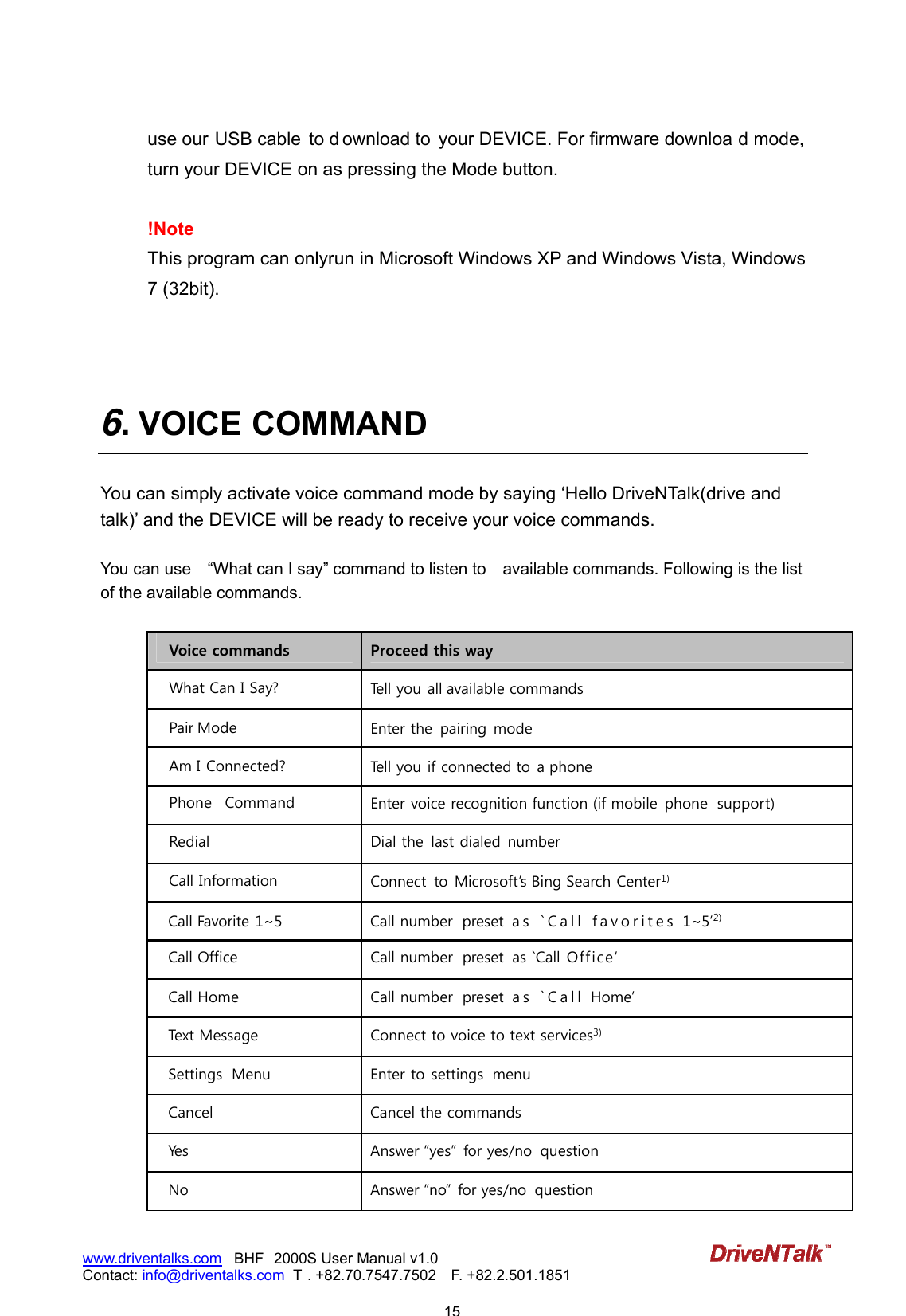                            15www.driventalks.com   BHF 2000S User Manual v1.0 Contact: info@driventalks.com  T . +82.70.7547.7502   F. +82.2.501.1851   use our USB cable  to d ownload to  your DEVICE. For firmware downloa d mode, turn your DEVICE on as pressing the Mode button.   !Note This program can onlyrun in Microsoft Windows XP and Windows Vista, Windows 7 (32bit).    6. VOICE COMMAND  You can simply activate voice command mode by saying &lsquo;Hello DriveNTalk(drive and talk)&rsquo; and the DEVICE will be ready to receive your voice commands.  You can use    &ldquo;What can I say&rdquo; command to listen to    available commands. Following is the list of the available commands.  Voice commands  Proceed this way What Can I Say?  Tell you all available commands Pair Mode  Enter the  pairing mode Am I Connected?  Tell you if connected to a phone Phone   Command  Enter voice recognition function (if mobile phone  support) Redial  Dial the  last dialed number Call Information  Connect  to Microsoft&rsquo;s Bing Search Center1) Call Favorite 1~5  Call number  preset  a s   ` C a l l   f a v o r i t e s  1~5&rsquo;2) Call Office  Call number  preset  as `Call Off ice&rsquo; Call Home  Call number  preset  a s   ` C a l l  Home&rsquo; Text Message  Connect to voice to text services3) Settings  Menu  Enter to settings  menu Cancel  Cancel the commands Yes  Answer yes for yes/no  question No  Answer no for yes/no  question 