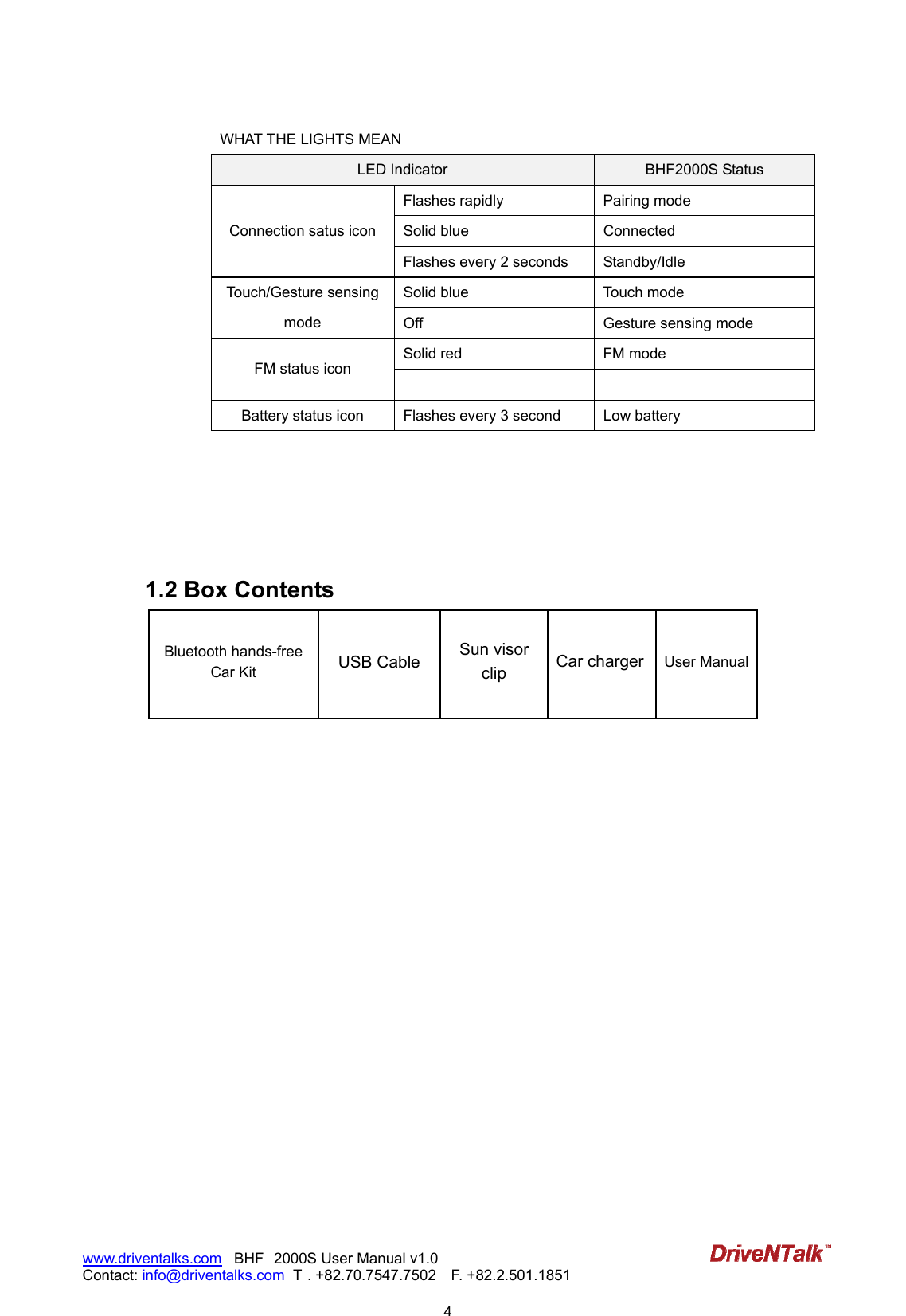                            4www.driventalks.com   BHF 2000S User Manual v1.0 Contact: info@driventalks.com  T . +82.70.7547.7502   F. +82.2.501.1851   WHAT THE LIGHTS MEAN LED Indicator  BHF2000S Status Flashes rapidly  Pairing mode Solid blue  Connected Connection satus icon Flashes every 2 seconds  Standby/Idle Solid blue  Touch mode Touch/Gesture sensing mode  Off  Gesture sensing mode Solid red  FM mode FM status icon   Battery status icon  Flashes every 3 second  Low battery      1.2 Box Contents         Bluetooth hands-free Car Kit  USB Cable  Sun visor clip  Car charger User Manual 