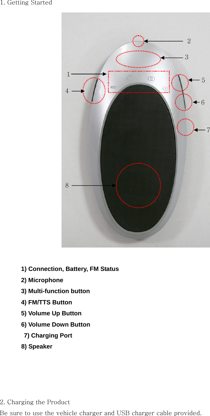 1. Getting Started               1) Connection, Battery, FM Status       2) Microphone    3) Multi-function button      4) FM/TTS Button       5) Volume Up Button   6) Volume Down Button   7) Charging Port    8) Speaker     2. Charging the Product Be sure to use the vehicle charger and USB charger cable provided. 1 2 7 6 8 5 4 3 