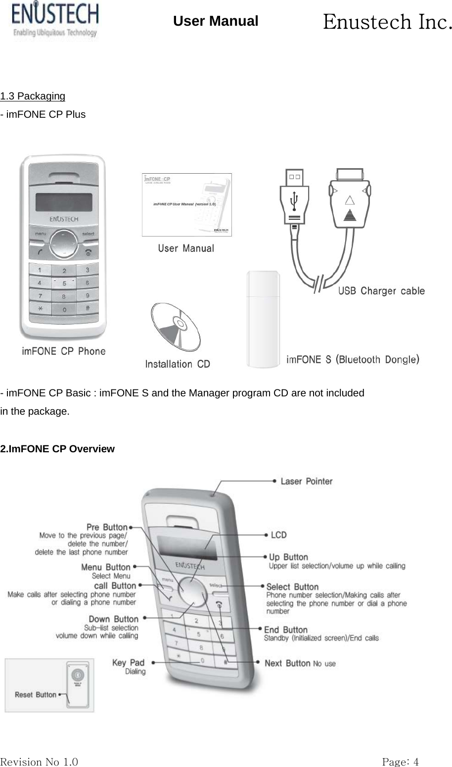       Enustech Inc.   Revision No 1.0                                                           Page: 4 User Manual  1.3 Packaging - imFONE CP Plus   - imFONE CP Basic : imFONE S and the Manager program CD are not included in the package.  2.ImFONE CP Overview  
