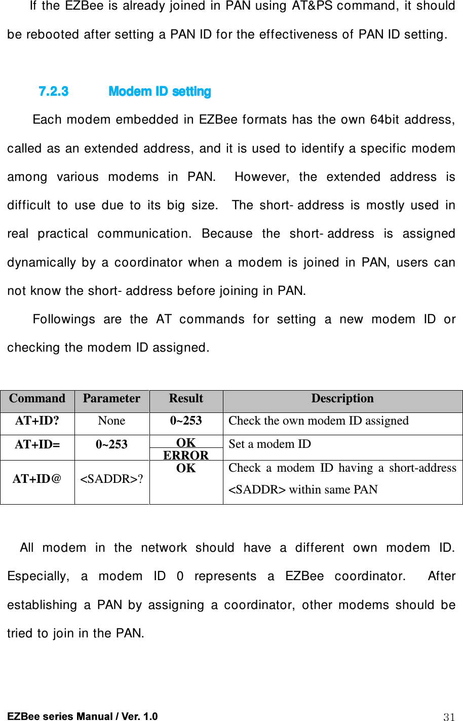  EZBee series Manual / Ver. 1.0  31 If the EZBee is already joined in PAN using AT&amp;PS command, it should be rebooted after setting a PAN ID for the effectiveness of PAN ID setting.  7.2.37.2.37.2.37.2.3 ModemModemModemModem    ID settingID settingID settingID setting    Each modem embedded in EZBee formats has the own 64bit address, called as an extended address, and it is used to identify a specific modem among  various  modems  in  PAN.    However,  the  extended  address  is difficult  to  use  due  to  its  big  size.    The  short- address  is  mostly  used  in real  practical  communication.  Because  the  short- address  is  assigned dynamically  by  a  coordinator  when  a  modem  is  joined  in  PAN,  users  can not know the short- address before joining in PAN. Followings  are  the  AT  commands  for  setting  a  new  modem  ID  or checking the modem ID assigned.  Command Parameter Result  Description AT+ID?  None  0~253  Check the own modem ID assigned AT+ID=  0~253 OK Set a modem ID ERROR AT+ID@  <SADDR>? OK  Check  a  modem  ID  having  a  short-address   <SADDR> within same PAN  All  modem  in  the  network  should  have  a  different  own  modem  ID. Especially,  a  modem  ID  0  represents  a  EZBee  coordinator.    After establishing  a  PAN  by  assigning  a  coordinator,  other  modems  should  be tried to join in the PAN.  