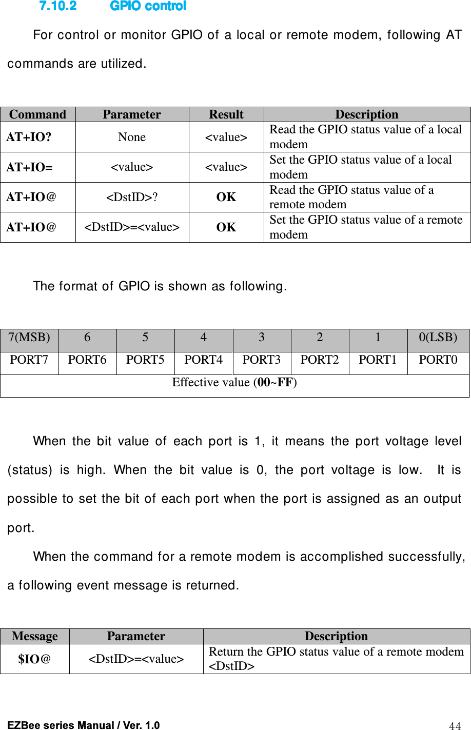  EZBee series Manual / Ver. 1.0  44 7.10.27.10.27.10.27.10.2 GPIO GPIO GPIO GPIO controlcontrolcontrolcontrol    For control or monitor GPIO of a  local or remote  modem, following AT commands are utilized.  Command Parameter  Result  Description AT+IO?  None  <value>  Read the GPIO status value of a local modem AT+IO=  <value>  <value>  Set the GPIO status value of a local modem AT+IO@  <DstID>?  OK  Read the GPIO status value of a remote modem AT+IO@  <DstID>=<value> OK  Set the GPIO status value of a remote modem  The format of GPIO is shown as following.  7(MSB) 6  5  4  3  2  1  0(LSB) PORT7  PORT6  PORT5  PORT4  PORT3  PORT2  PORT1  PORT0 Effective value (00~FF)  When  the  bit  value  of  each  port  is  1,  it  means  the  port  voltage  level (status)  is  high.  When  the  bit  value  is  0,  the  port  voltage  is  low.    It  is possible to set the bit of each port when the port is assigned as an output port.   When the command for a remote modem is accomplished successfully, a following event message is returned.  Message  Parameter  Description $IO@  <DstID>=<value>  Return the GPIO status value of a remote modem <DstID> 