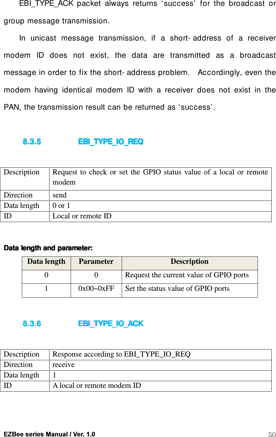  EZBee series Manual / Ver. 1.0  50 EBI_TYPE_ACK  packet  always  returns  &lsquo;success&rsquo;  for  the  broadcast  or group message transmission.   In  unicast  message  transmission,  if  a  short- address  of  a  receiver modem  ID  does  not  exist,  the  data  are  transmitted  as  a  broadcast message in order to fix the short- address problem.    Accordingly, even the modem  having  identical  modem  ID  with  a  receiver  does  not  exist  in  the PAN, the transmission result can be returned as &lsquo;success&rsquo; .  8.3.58.3.58.3.58.3.5 EBI_TYPE_IO_REQEBI_TYPE_IO_REQEBI_TYPE_IO_REQEBI_TYPE_IO_REQ     Description  Request  to  check  or  set  the  GPIO  status  value  of  a  local  or  remote modem Direction  send Data length  0 or 1 ID  Local or remote ID  Data length and parameterData length and parameterData length and parameterData length and parameter::::    Data length Parameter  Description 0  0  Request the current value of GPIO ports 1  0x00~0xFF  Set the status value of GPIO ports  8.3.68.3.68.3.68.3.6 EBI_TYPE_IO_ACKEBI_TYPE_IO_ACKEBI_TYPE_IO_ACKEBI_TYPE_IO_ACK     Description  Response according to EBI_TYPE_IO_REQ   Direction  receive Data length  1 ID  A local or remote modem ID  
