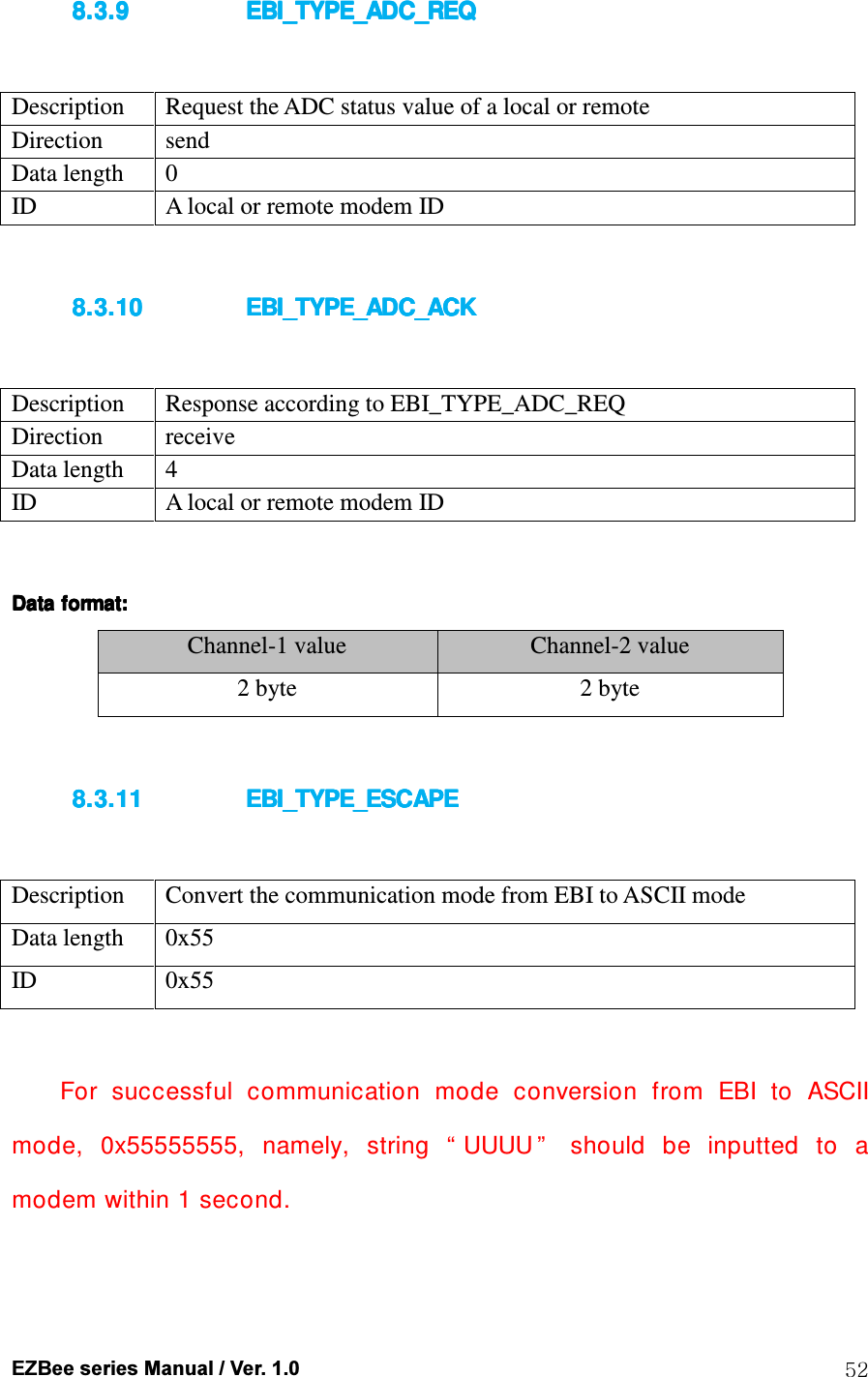  EZBee series Manual / Ver. 1.0  52 8.3.98.3.98.3.98.3.9 EBI_TYPE_ADC_REQEBI_TYPE_ADC_REQEBI_TYPE_ADC_REQEBI_TYPE_ADC_REQ     Description  Request the ADC status value of a local or remote Direction  send Data length  0 ID  A local or remote modem ID  8.3.108.3.108.3.108.3.10 EBI_TYPE_ADC_ACKEBI_TYPE_ADC_ACKEBI_TYPE_ADC_ACKEBI_TYPE_ADC_ACK     Description  Response according to EBI_TYPE_ADC_REQ Direction  receive Data length  4 ID  A local or remote modem ID  Data formatData formatData formatData format::::    Channel-1 value  Channel-2 value 2 byte  2 byte  8.3.118.3.118.3.118.3.11 EBI_TYPE_ESCAPEEBI_TYPE_ESCAPEEBI_TYPE_ESCAPEEBI_TYPE_ESCAPE     Description  Convert the communication mode from EBI to ASCII mode Data length  0x55 ID  0x55  For  successful  communication  mode  conversion  from  EBI  to  ASCII mode,  0x55555555,  namely,  string  &ldquo; UUUU &rdquo;   should  be  inputted  to  a modem within 1 second.  