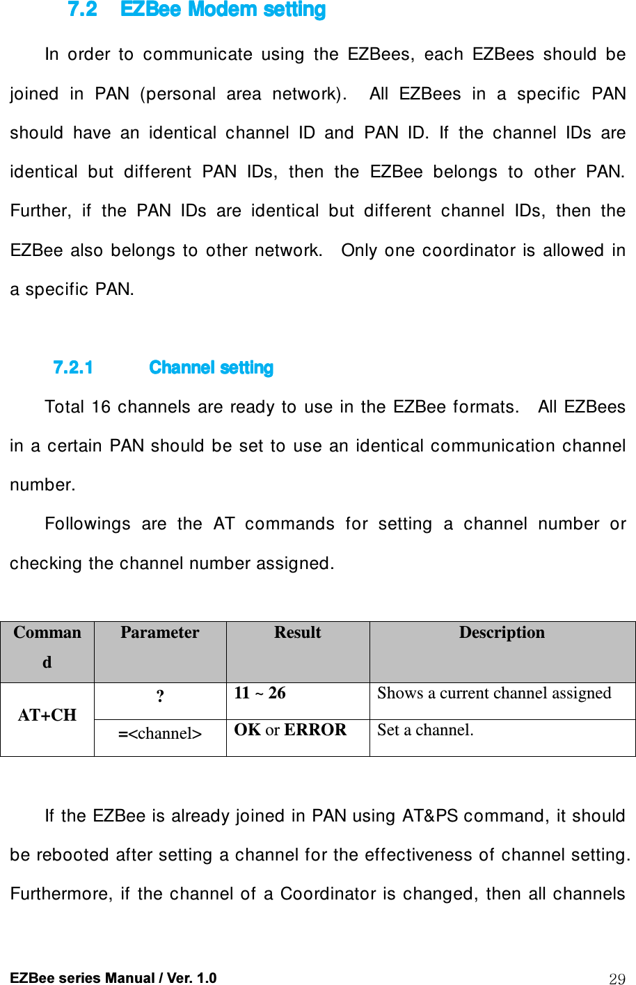  EZBee series Manual / Ver. 1.0  29 7.27.27.27.2 EZBee EZBee EZBee EZBee Modem settingModem settingModem settingModem setting    In  order  to  communicate  using  the  EZBees,  each  EZBees  should  be joined  in  PAN  (personal  area  network).    All  EZBees  in  a  specific  PAN should  have  an  identical  channel  ID  and  PAN  ID.  If  the  channel  IDs  are identical  but  different  PAN  IDs,  then  the  EZBee  belongs  to  other  PAN.   Further,  if  the  PAN  IDs  are  identical  but  different  channel  IDs,  then  the EZBee  also  belongs  to  other  network.    Only  one  coordinator  is  allowed  in a specific PAN.    7.2.17.2.17.2.17.2.1 Channel settingChannel settingChannel settingChannel setting    Total  16  channels are  ready  to  use in the EZBee  formats.    All EZBees in  a  certain PAN  should be set  to use an  identical communication  channel number. Followings  are  the  AT  commands  for  setting  a  channel  number  or checking the channel number assigned.  Command Parameter  Result  Description AT+CH ? 11 ~ 26 Shows a current channel assigned =<channel> OK or ERROR Set a channel.  If the EZBee is already joined in PAN using AT&amp;PS command, it should be rebooted after setting a channel for the effectiveness of channel setting.   Furthermore, if  the  channel of a  Coordinator is  changed, then  all  channels 