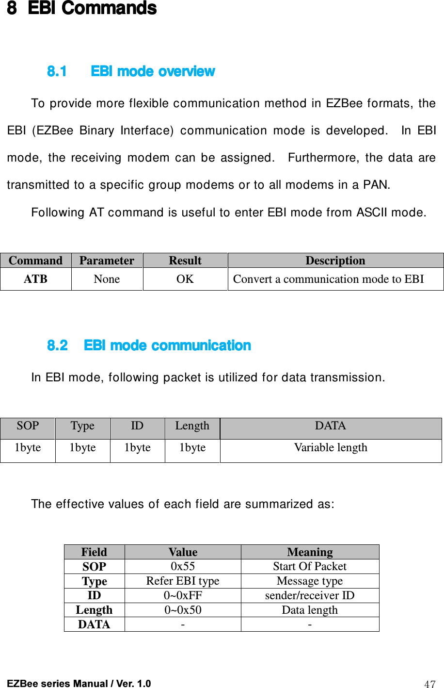  EZBee series Manual / Ver. 1.0  47 8888 EBI EBI EBI EBI CommandsCommandsCommandsCommands     8.18.18.18.1      EBIEBIEBIEBI    mode overviewmode overviewmode overviewmode overview         To provide more flexible communication method in EZBee formats, the EBI  (EZBee  Binary  Interface)  communication  mode  is  developed.    In  EBI mode,  the  receiving  modem  can  be  assigned.    Furthermore,  the  data  are transmitted to a specific group modems or to all modems in a PAN. Following AT command is useful to enter EBI mode from ASCII mode.  Command Parameter Result  Description ATB  None  OK  Convert a communication mode to EBI     8.28.28.28.2 EBI EBI EBI EBI mode communicationmode communicationmode communicationmode communication    In EBI mode, following packet is utilized for data transmission.    SOP  Type  ID  Length  DATA 1byte  1byte  1byte  1byte  Variable length  The effective values of each field are summarized as:  Field  Value  Meaning SOP  0x55  Start Of Packet Type  Refer EBI type  Message type ID  0~0xFF  sender/receiver ID Length  0~0x50  Data length DATA  -  -  